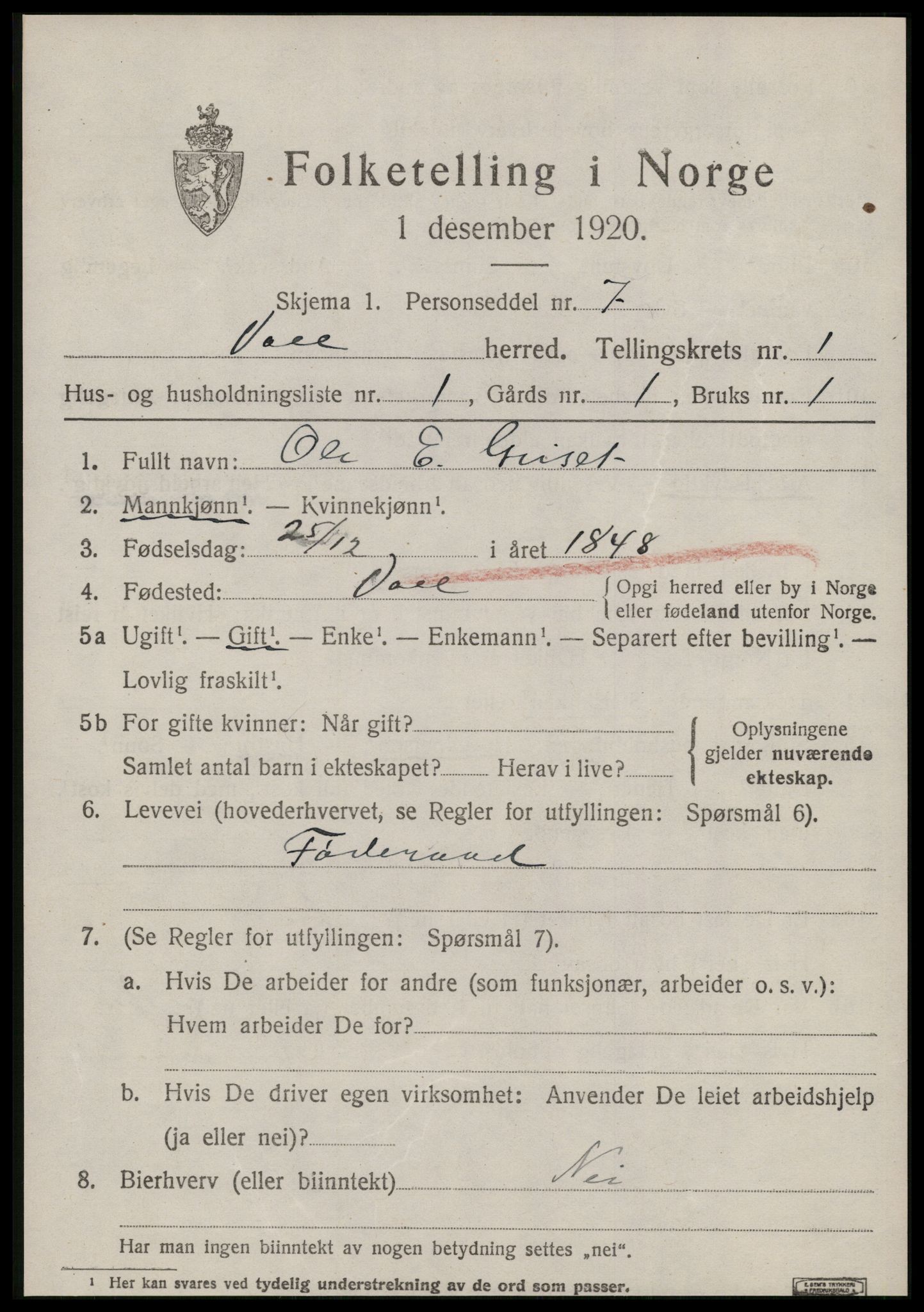 SAT, 1920 census for Voll, 1920, p. 337