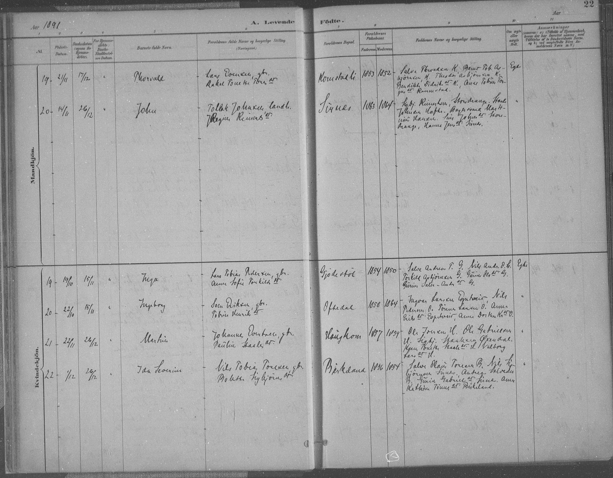 Bakke sokneprestkontor, SAK/1111-0002/F/Fa/Faa/L0008: Parish register (official) no. A 8, 1887-1911, p. 22