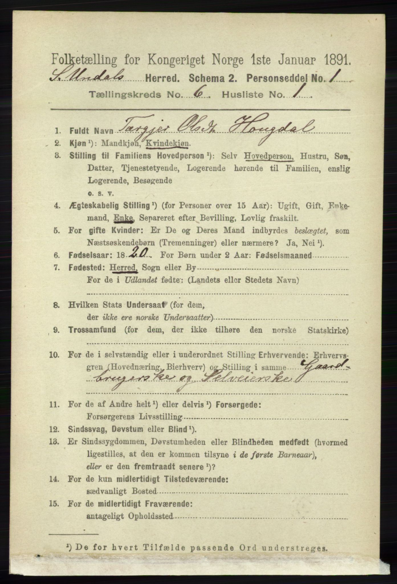 RA, 1891 census for 1029 Sør-Audnedal, 1891, p. 2288