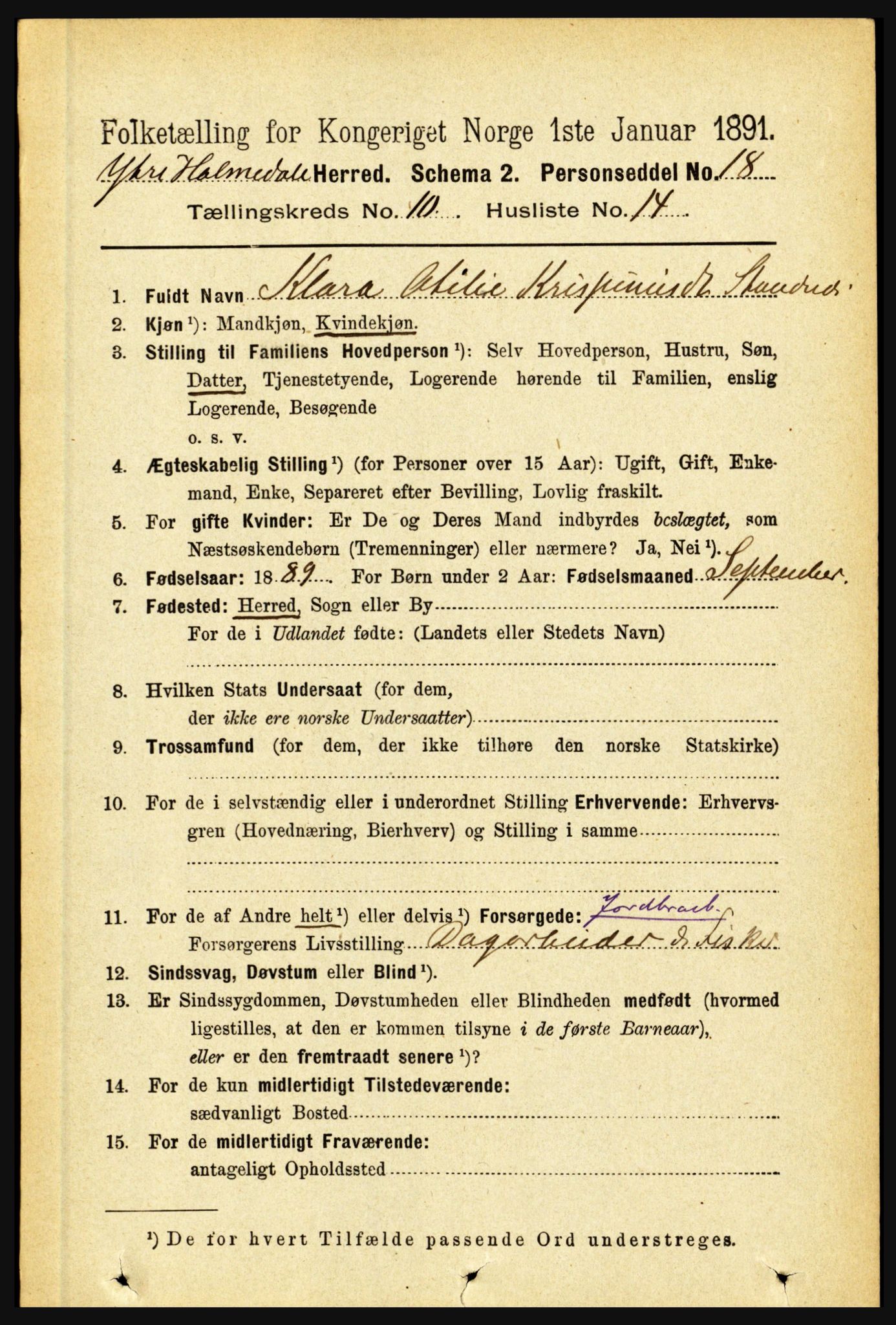 RA, 1891 census for 1429 Ytre Holmedal, 1891, p. 2398