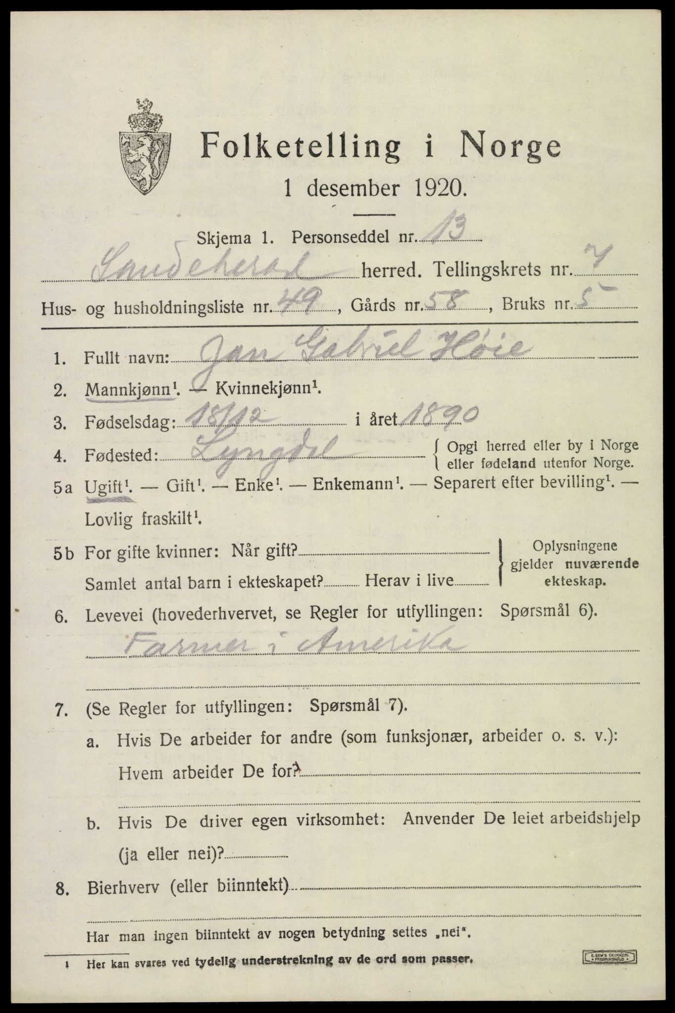SAKO, 1920 census for Sandeherred, 1920, p. 12512