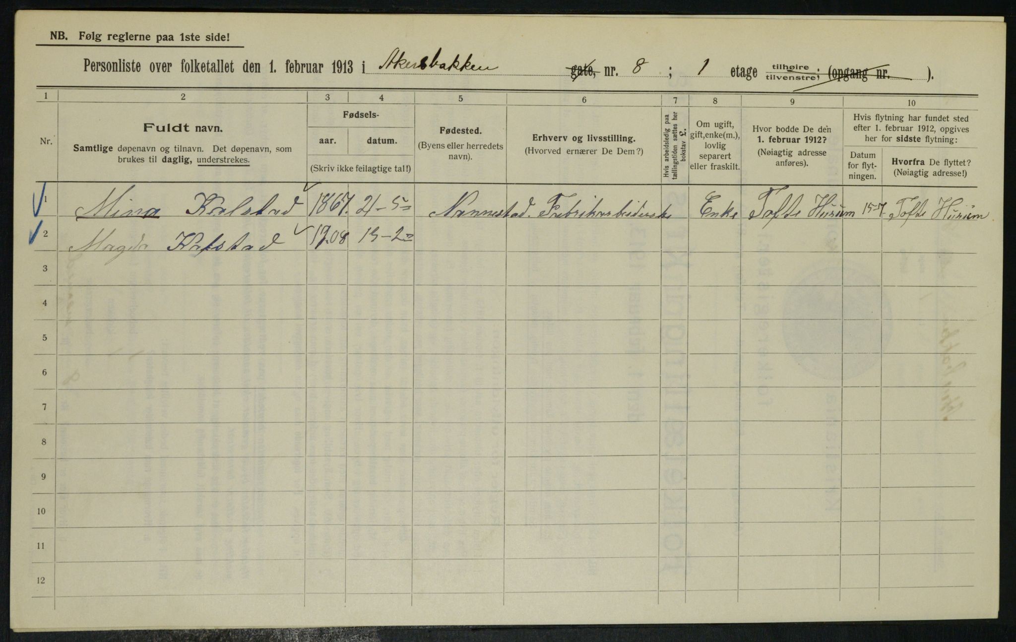 OBA, Municipal Census 1913 for Kristiania, 1913, p. 36