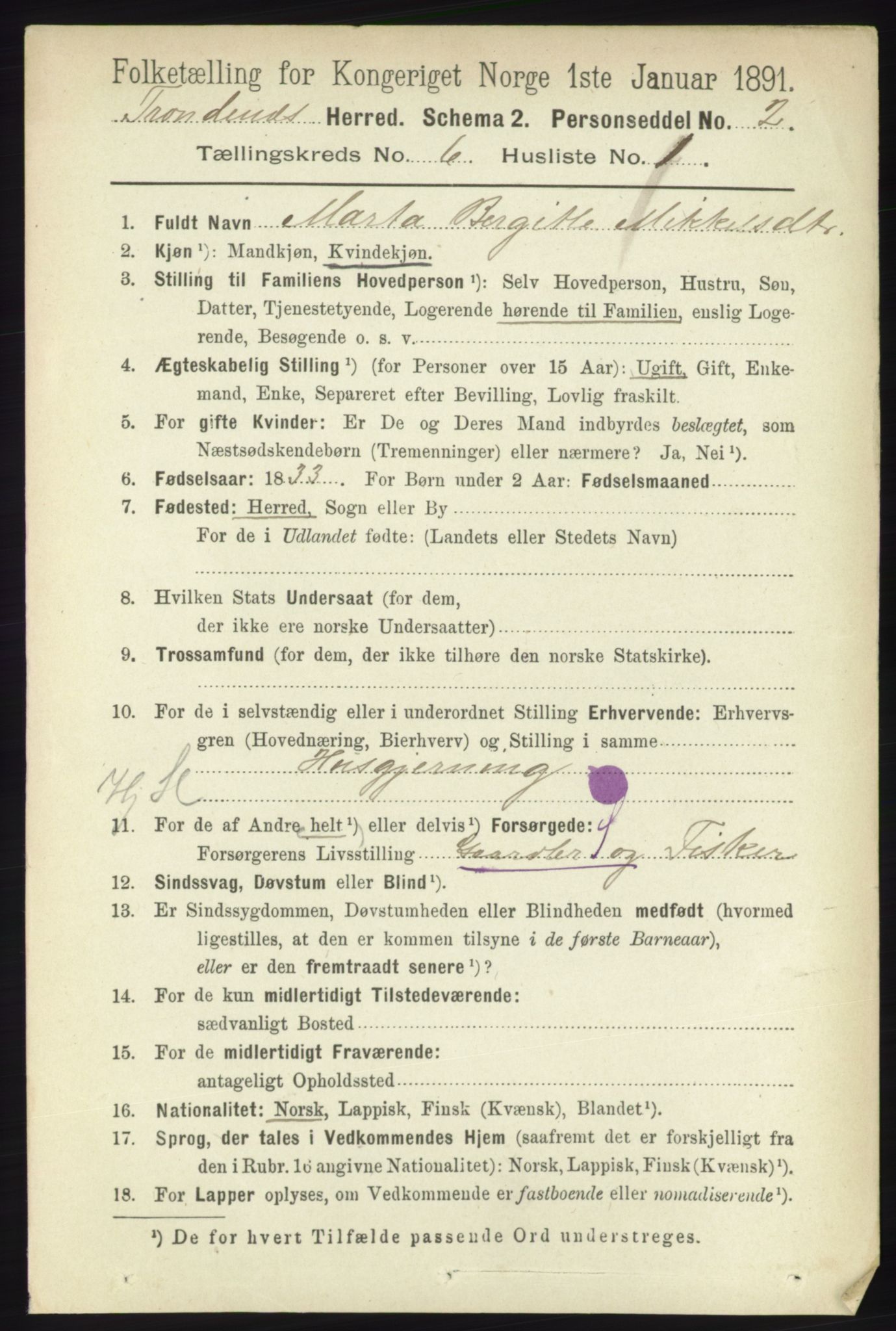 RA, 1891 census for 1914 Trondenes, 1891, p. 3823