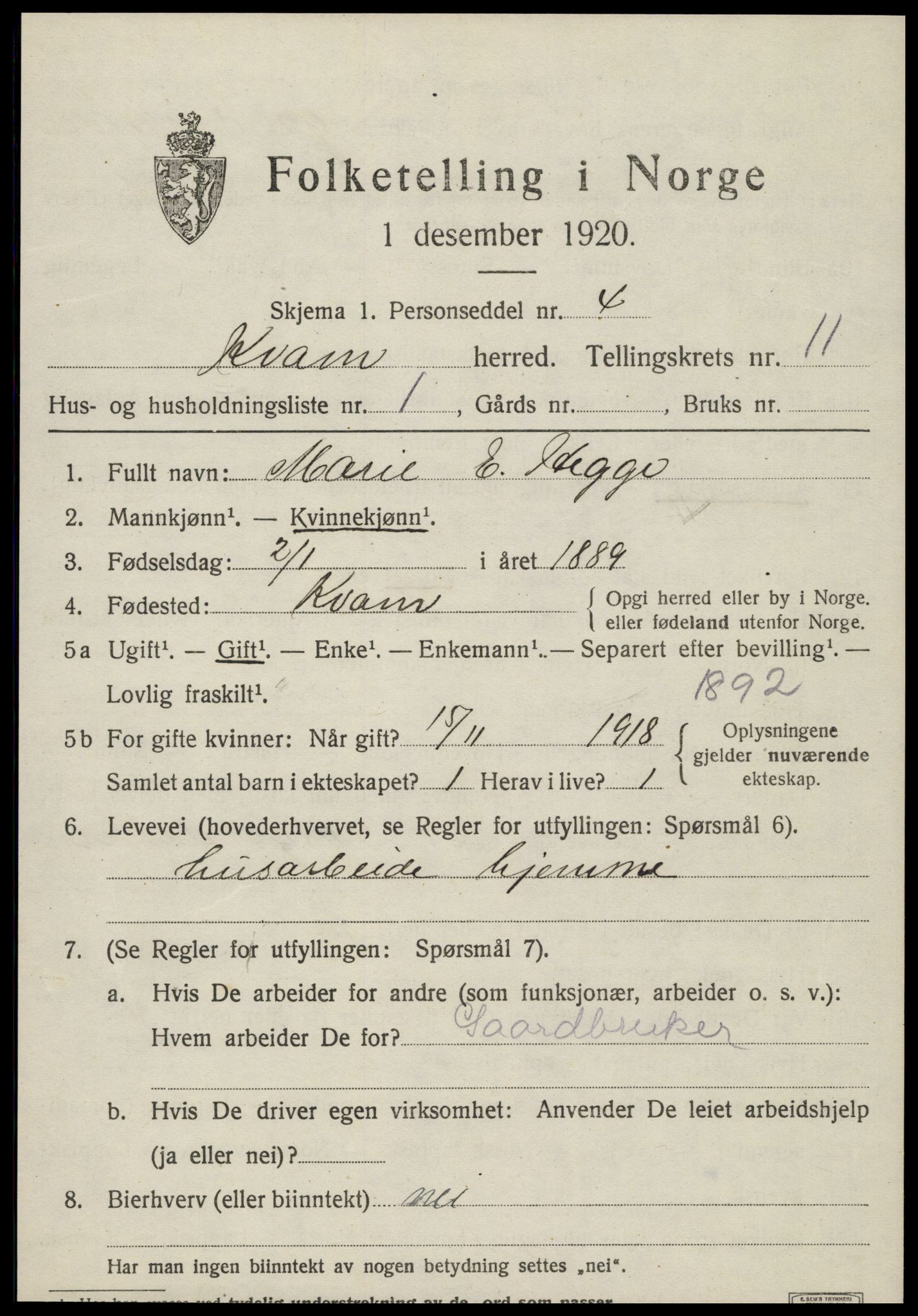 SAT, 1920 census for Kvam, 1920, p. 2717