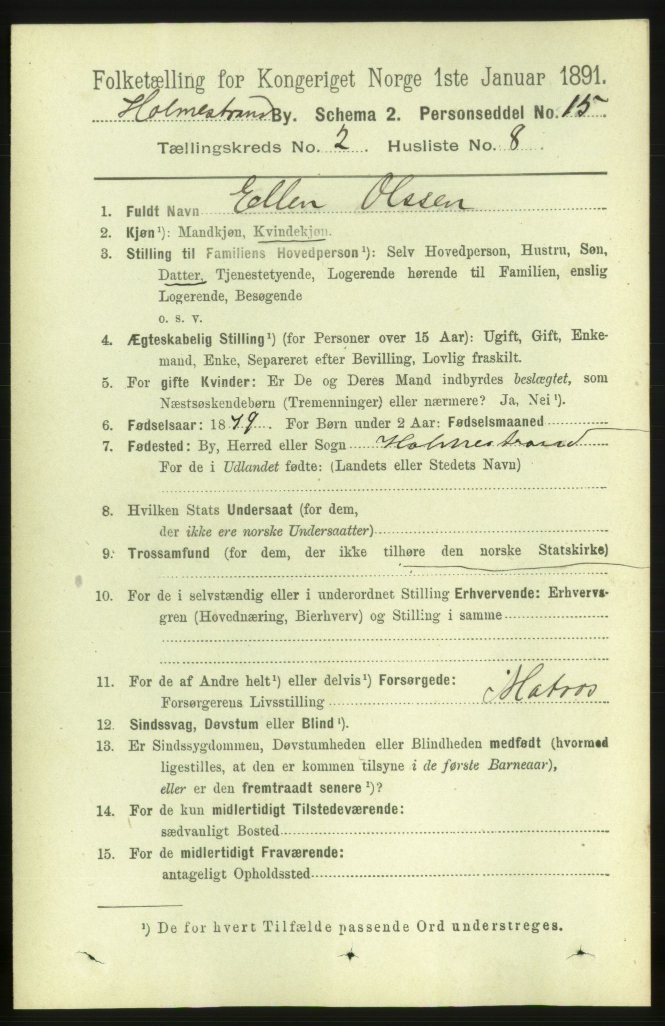 RA, 1891 census for 0702 Holmestrand, 1891, p. 1121