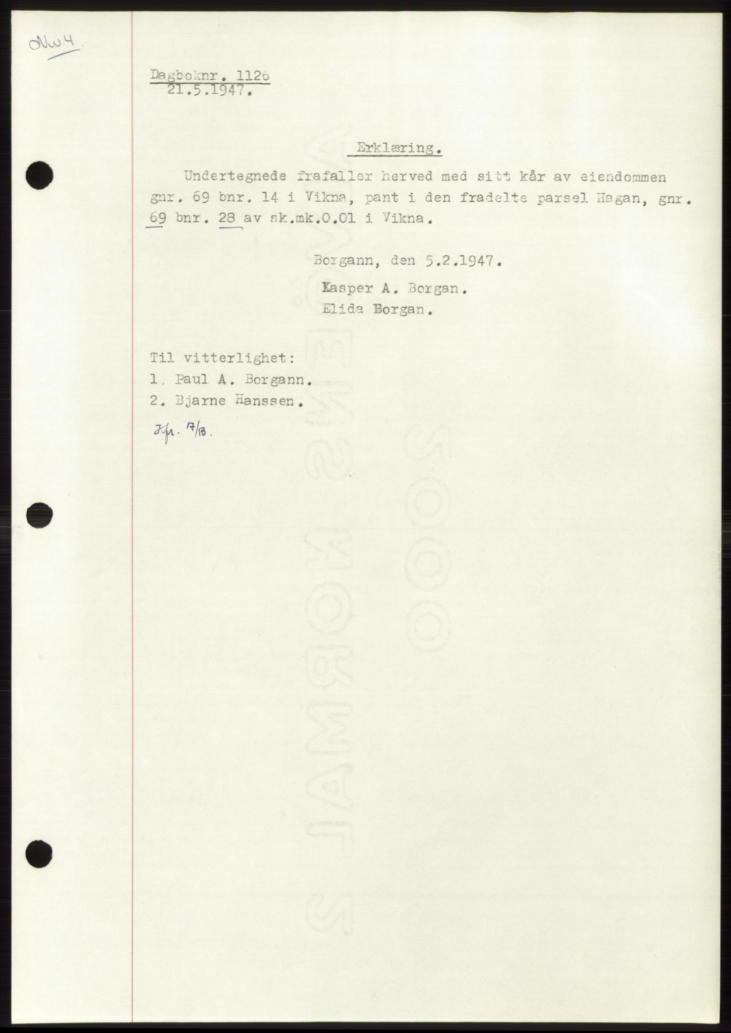 Namdal sorenskriveri, AV/SAT-A-4133/1/2/2C: Mortgage book no. -, 1947-1947, Diary no: : 1126/1947