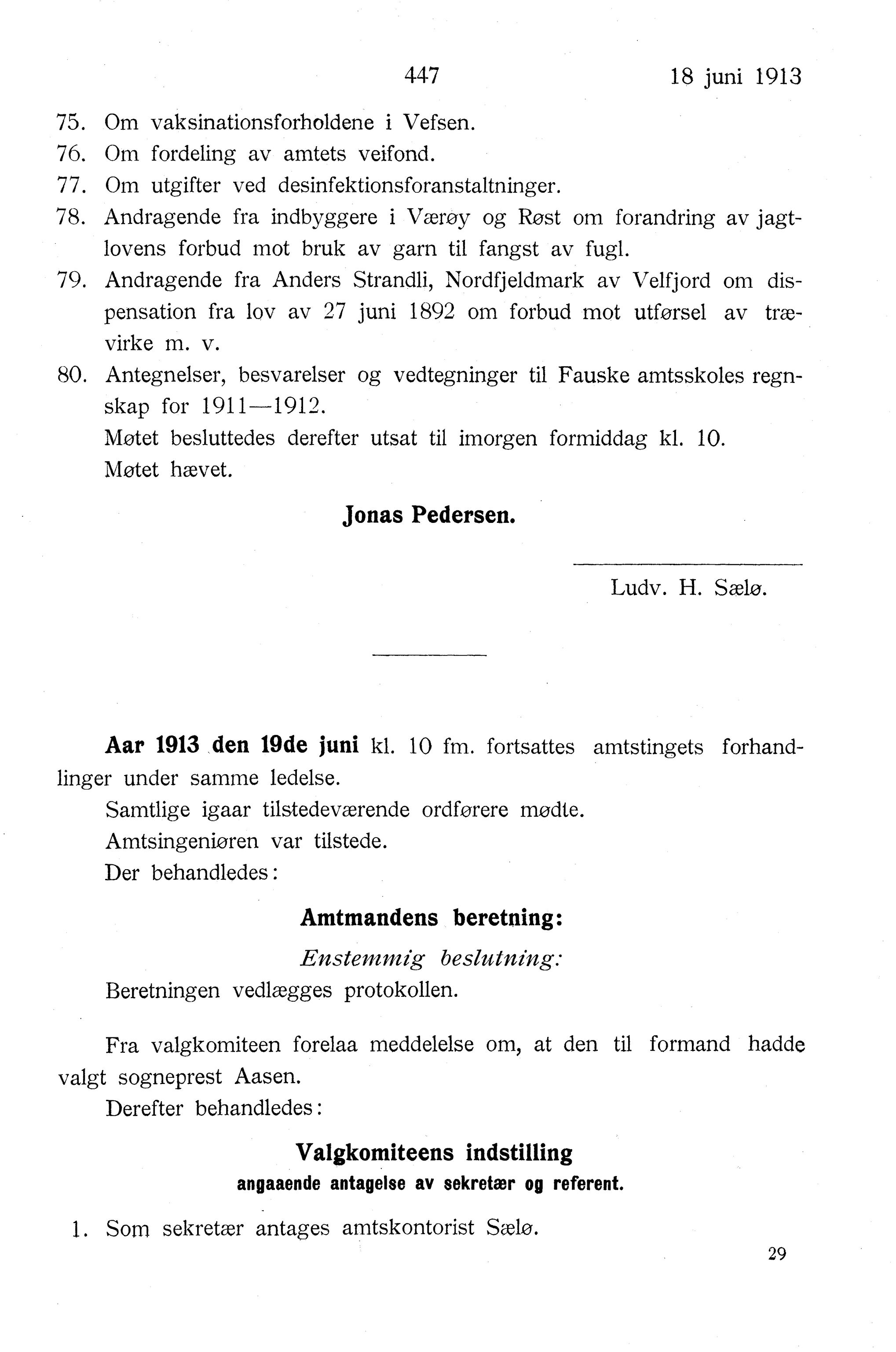 Nordland Fylkeskommune. Fylkestinget, AIN/NFK-17/176/A/Ac/L0036: Fylkestingsforhandlinger 1913, 1913, p. 447