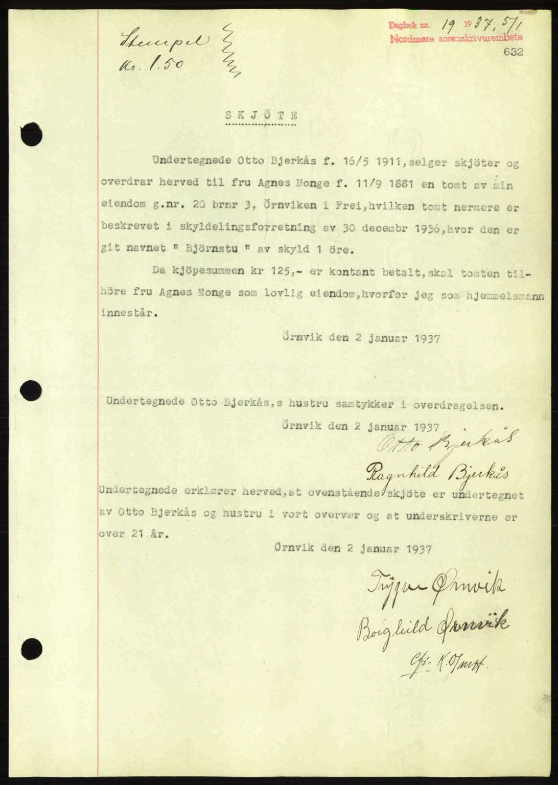 Nordmøre sorenskriveri, AV/SAT-A-4132/1/2/2Ca: Mortgage book no. A80, 1936-1937, Diary no: : 19/1937