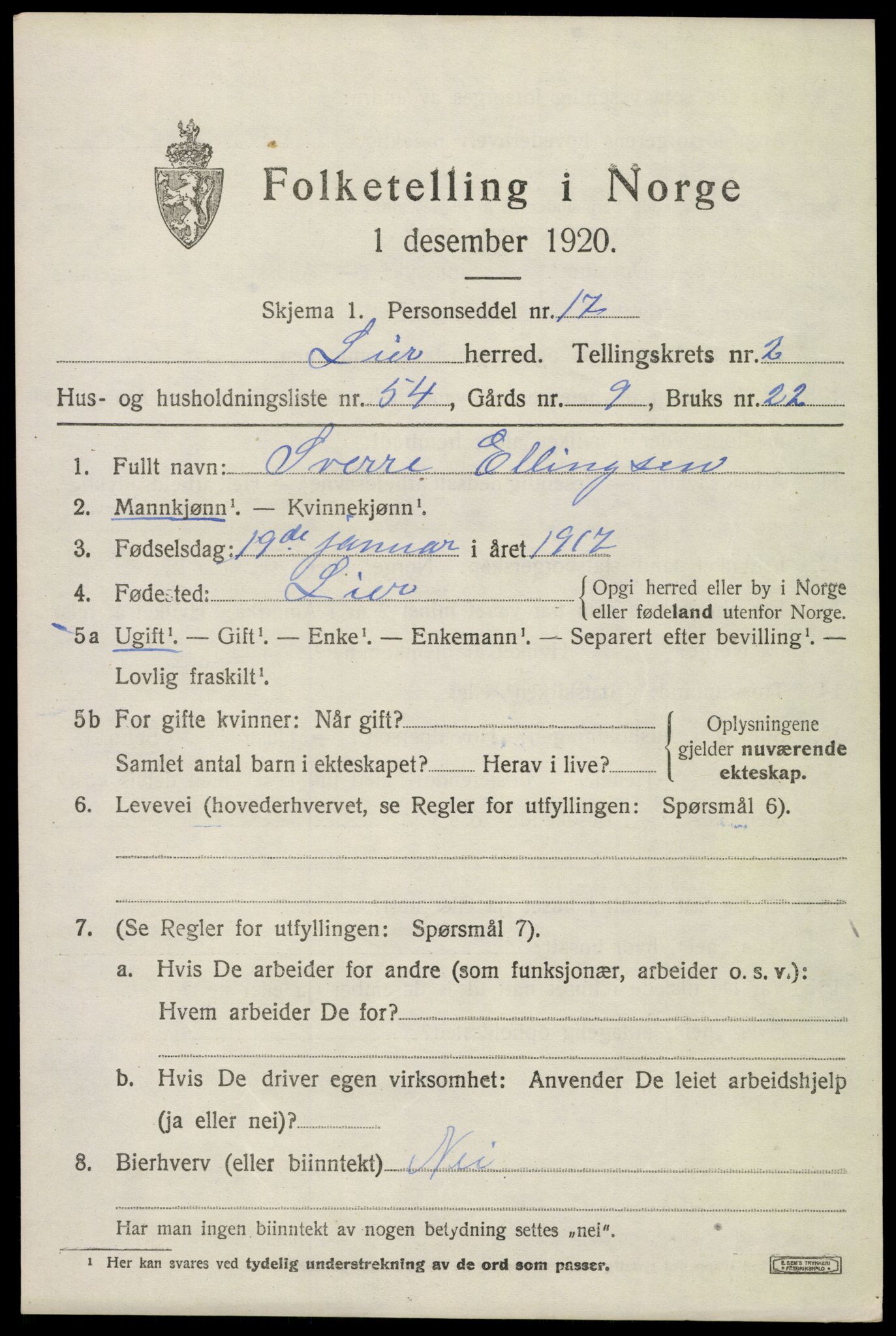 SAKO, 1920 census for Lier, 1920, p. 5252