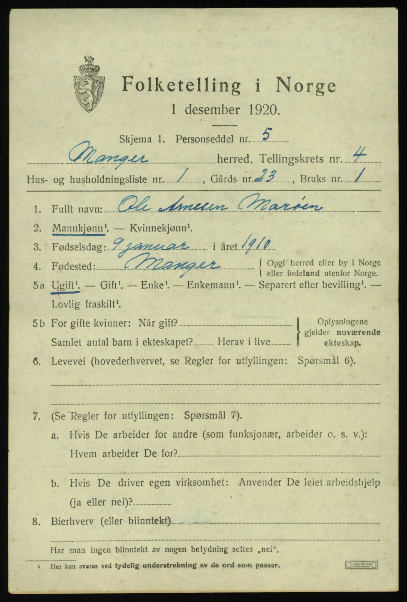 SAB, 1920 census for Manger, 1920, p. 3015