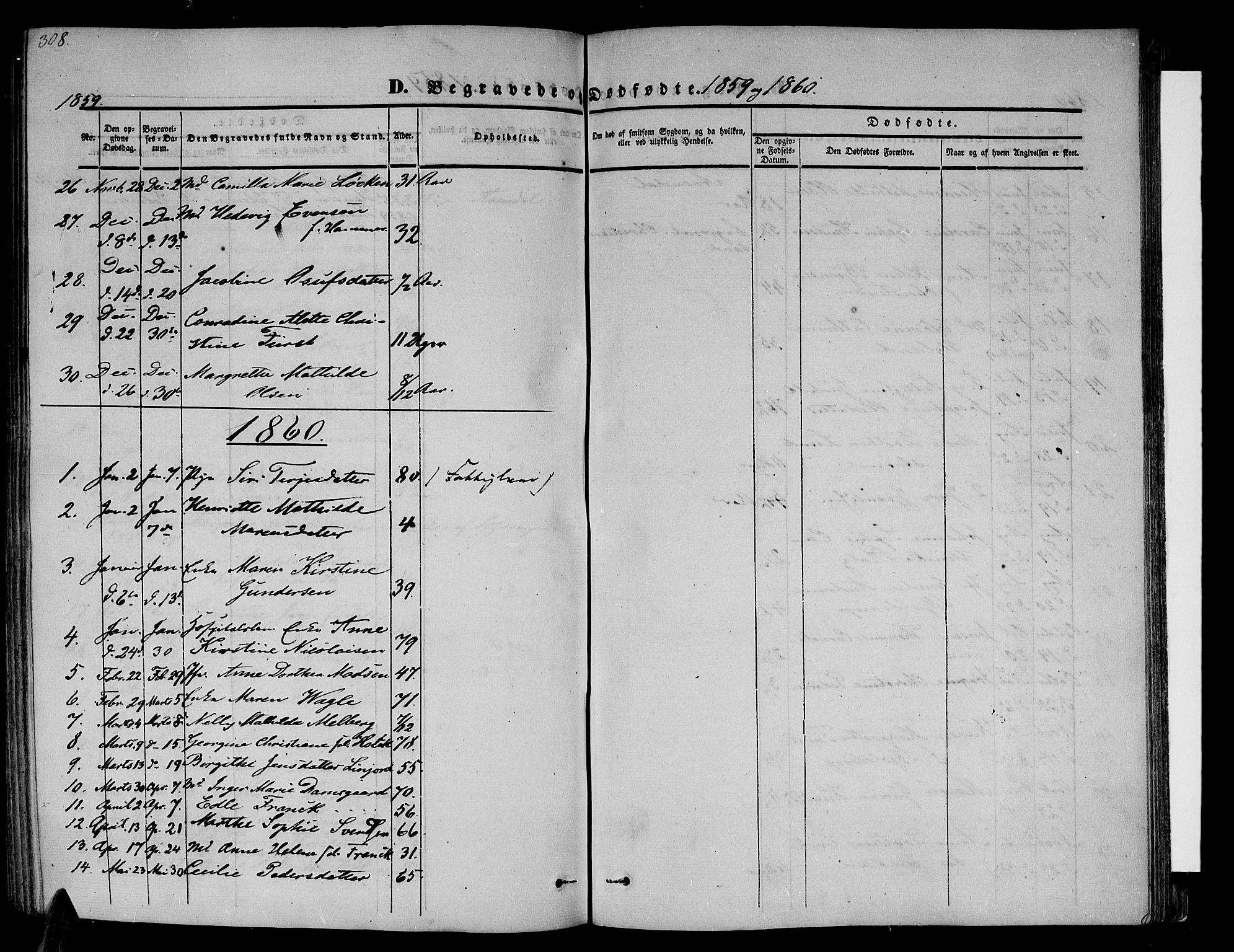 Arendal sokneprestkontor, Trefoldighet, SAK/1111-0040/F/Fb/L0002: Parish register (copy) no. B 2, 1838-1860, p. 308