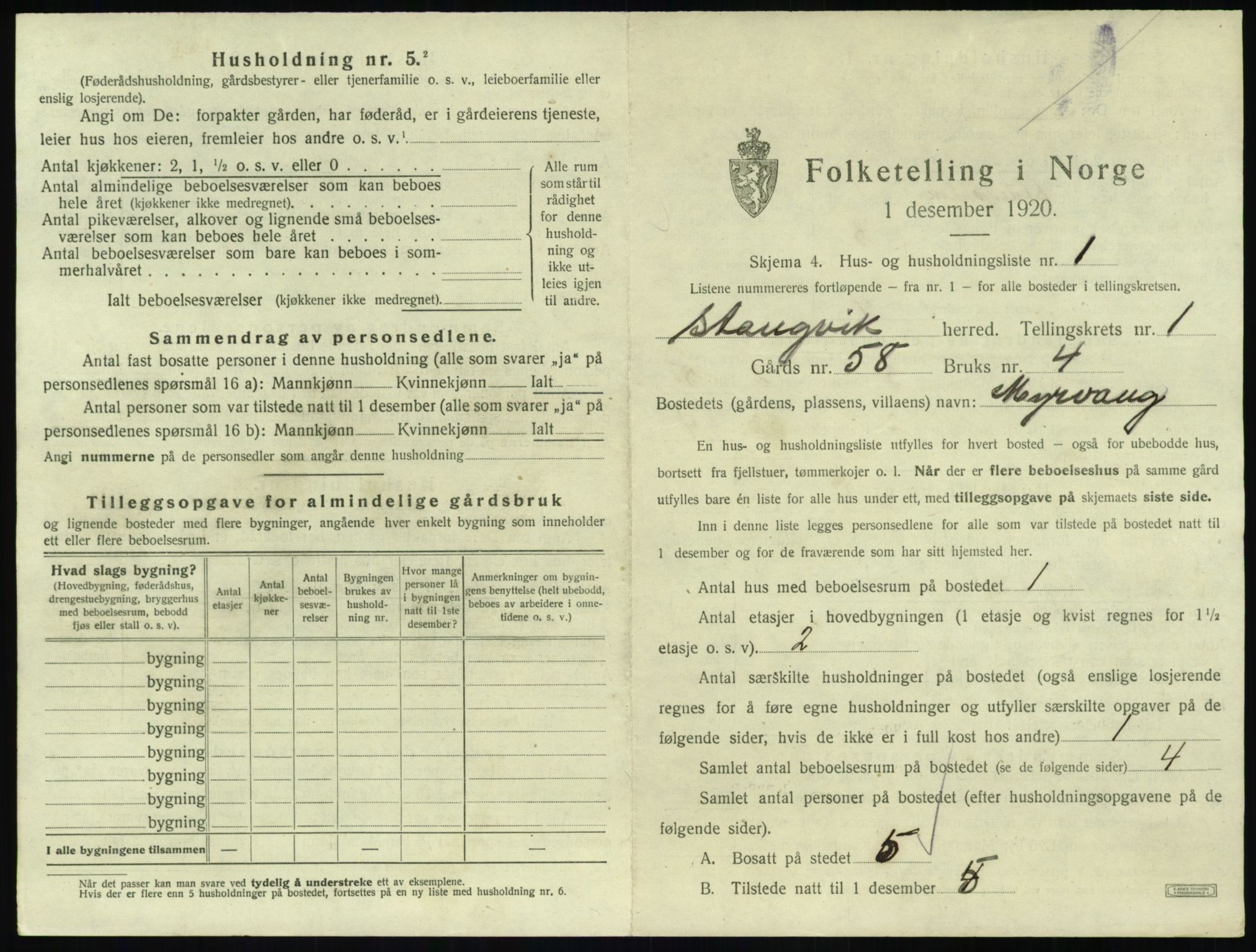 SAT, 1920 census for Stangvik, 1920, p. 36