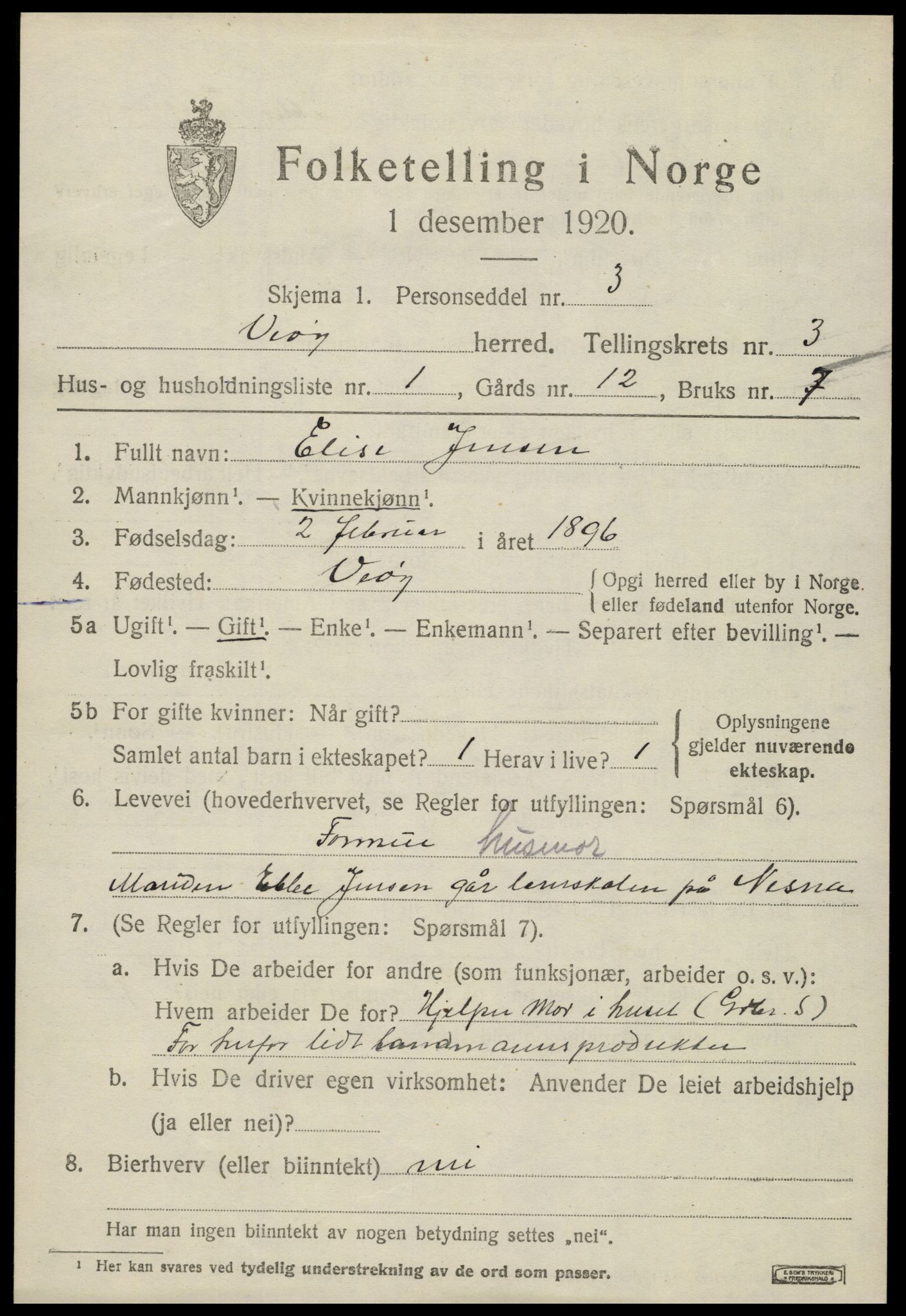 SAT, 1920 census for Veøy, 1920, p. 1443