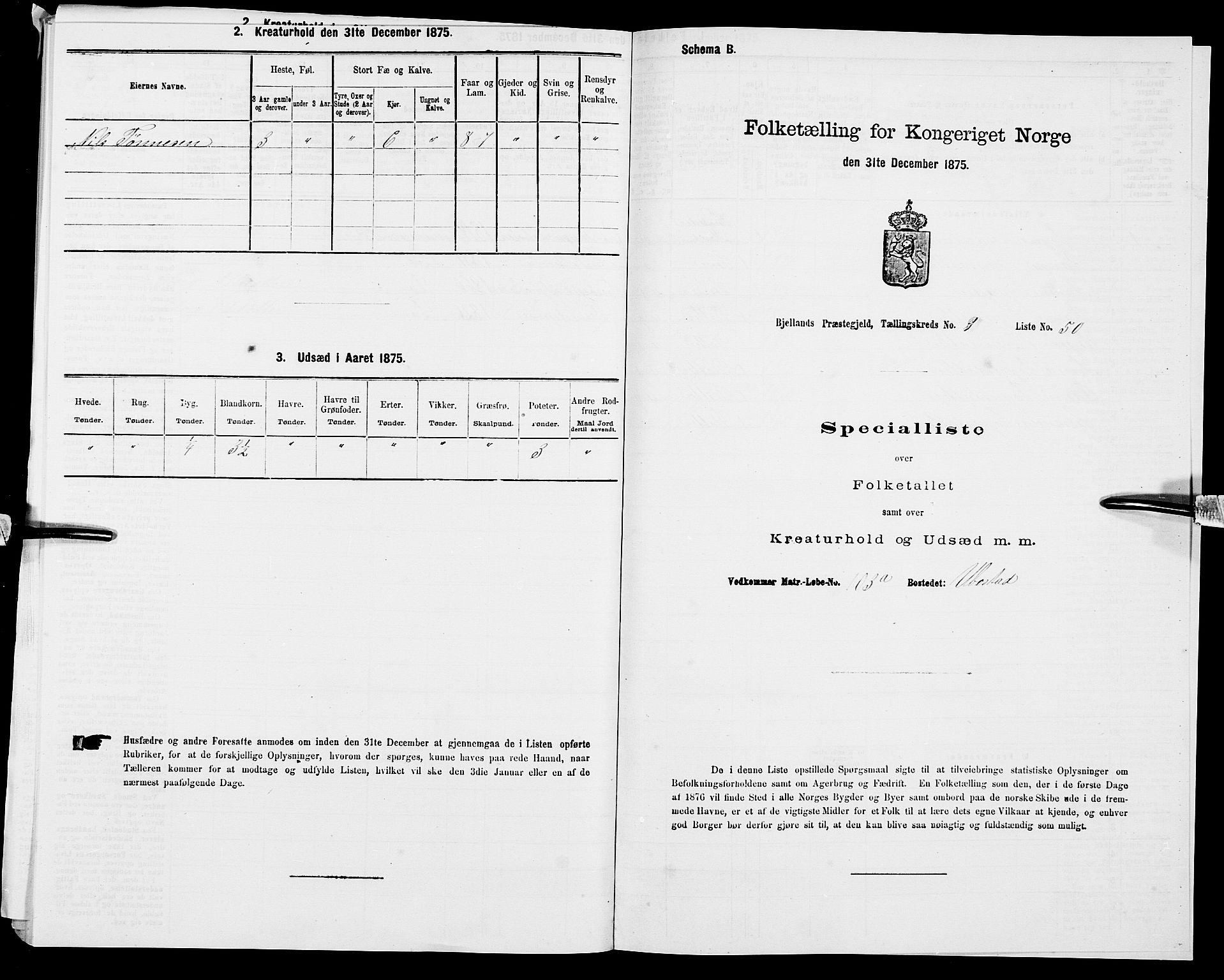 SAK, 1875 census for 1024P Bjelland, 1875, p. 726