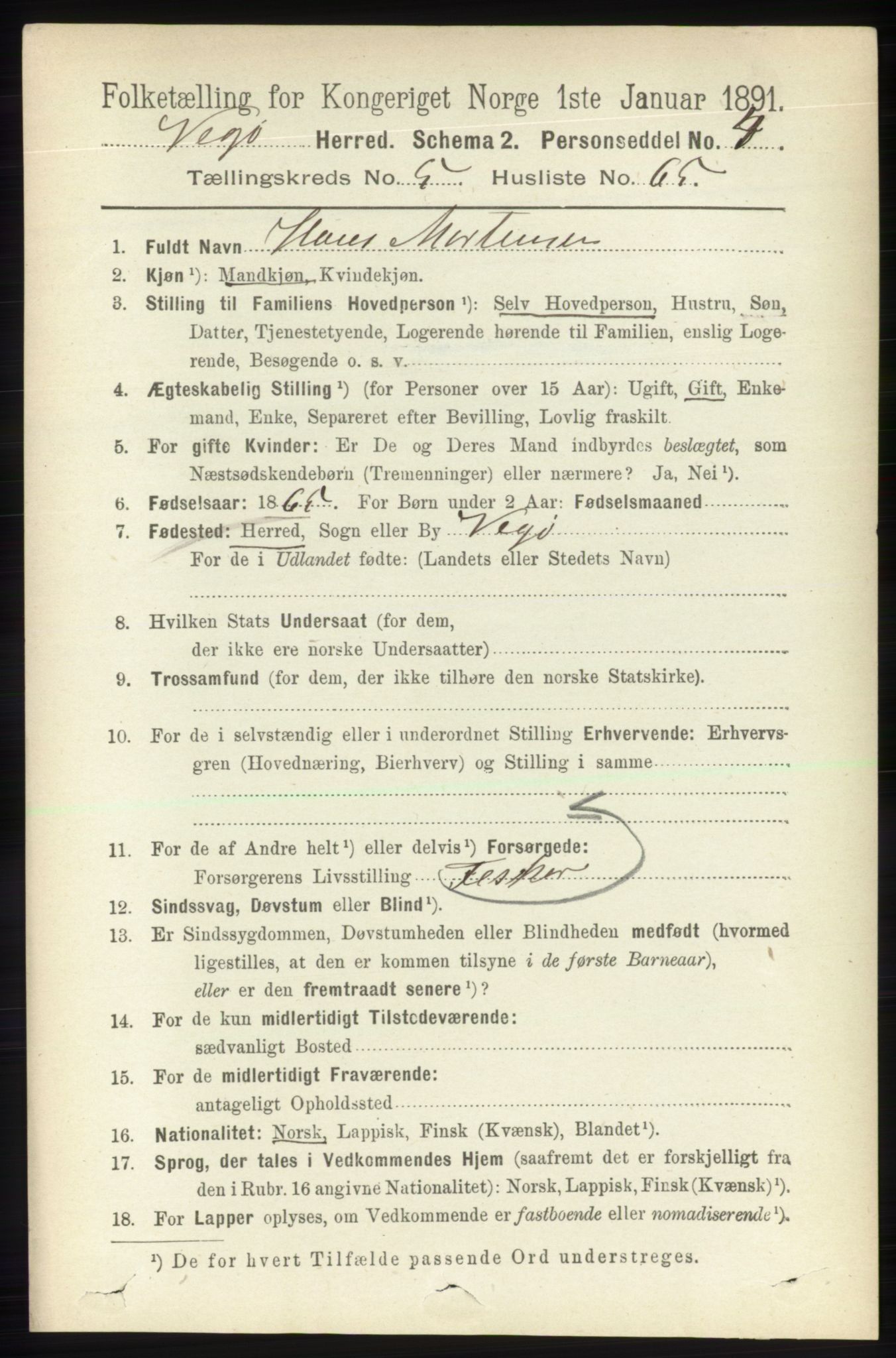 RA, 1891 census for 1815 Vega, 1891, p. 2519