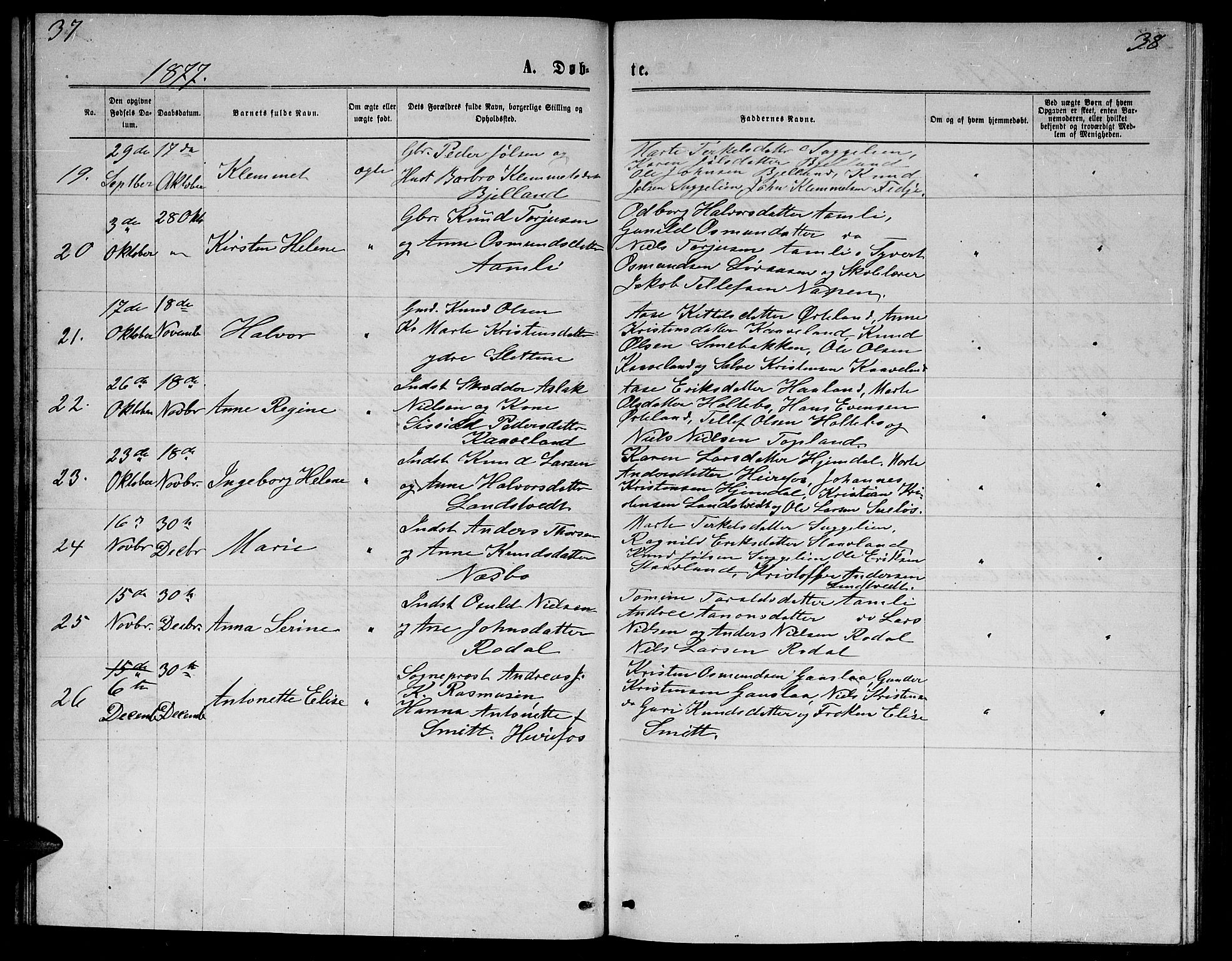 Herefoss sokneprestkontor, SAK/1111-0019/F/Fb/Fba/L0002: Parish register (copy) no. B 2, 1868-1886, p. 37-38