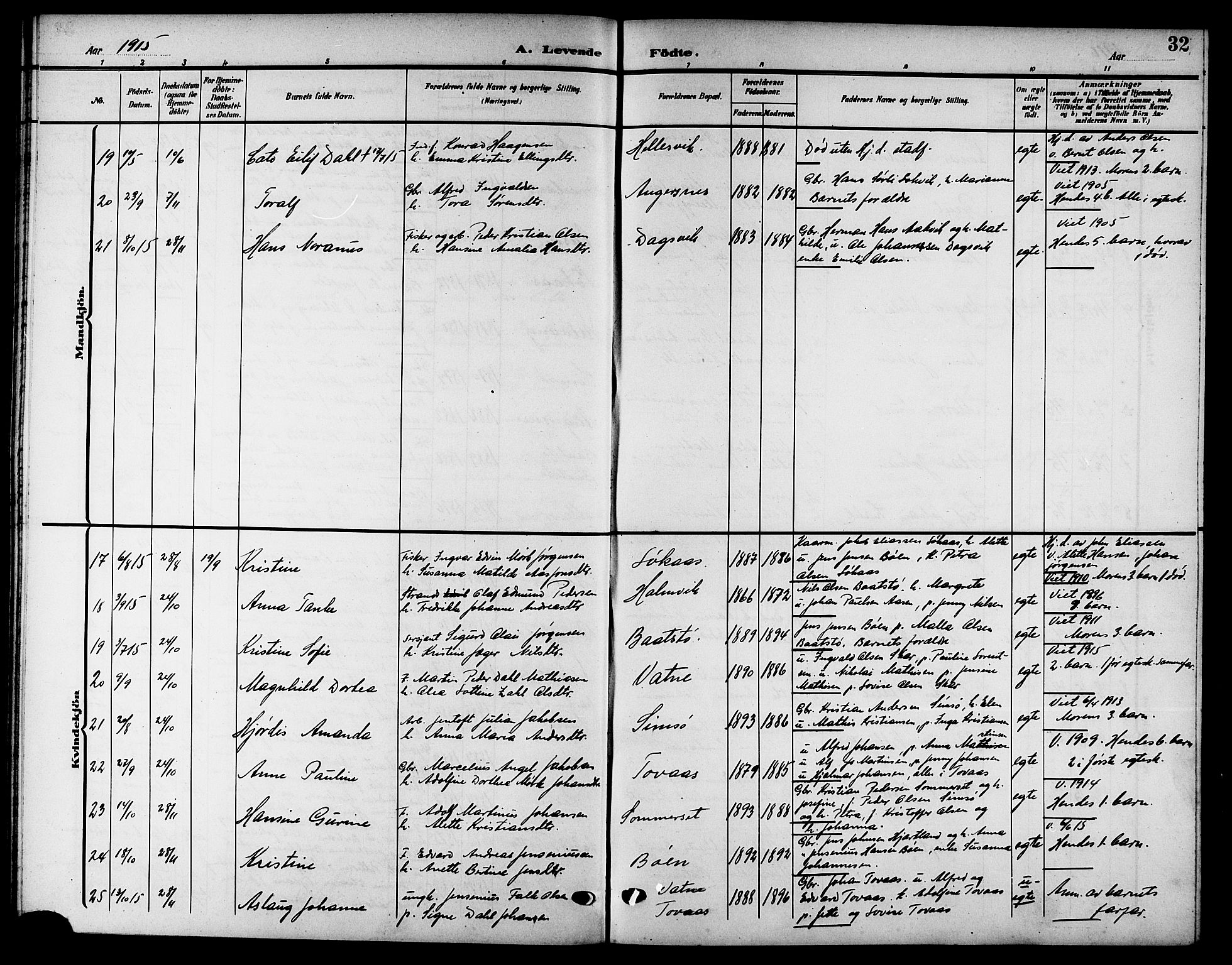 Ministerialprotokoller, klokkerbøker og fødselsregistre - Nordland, AV/SAT-A-1459/832/L0494: Parish register (copy) no. 832C01, 1906-1922, p. 32