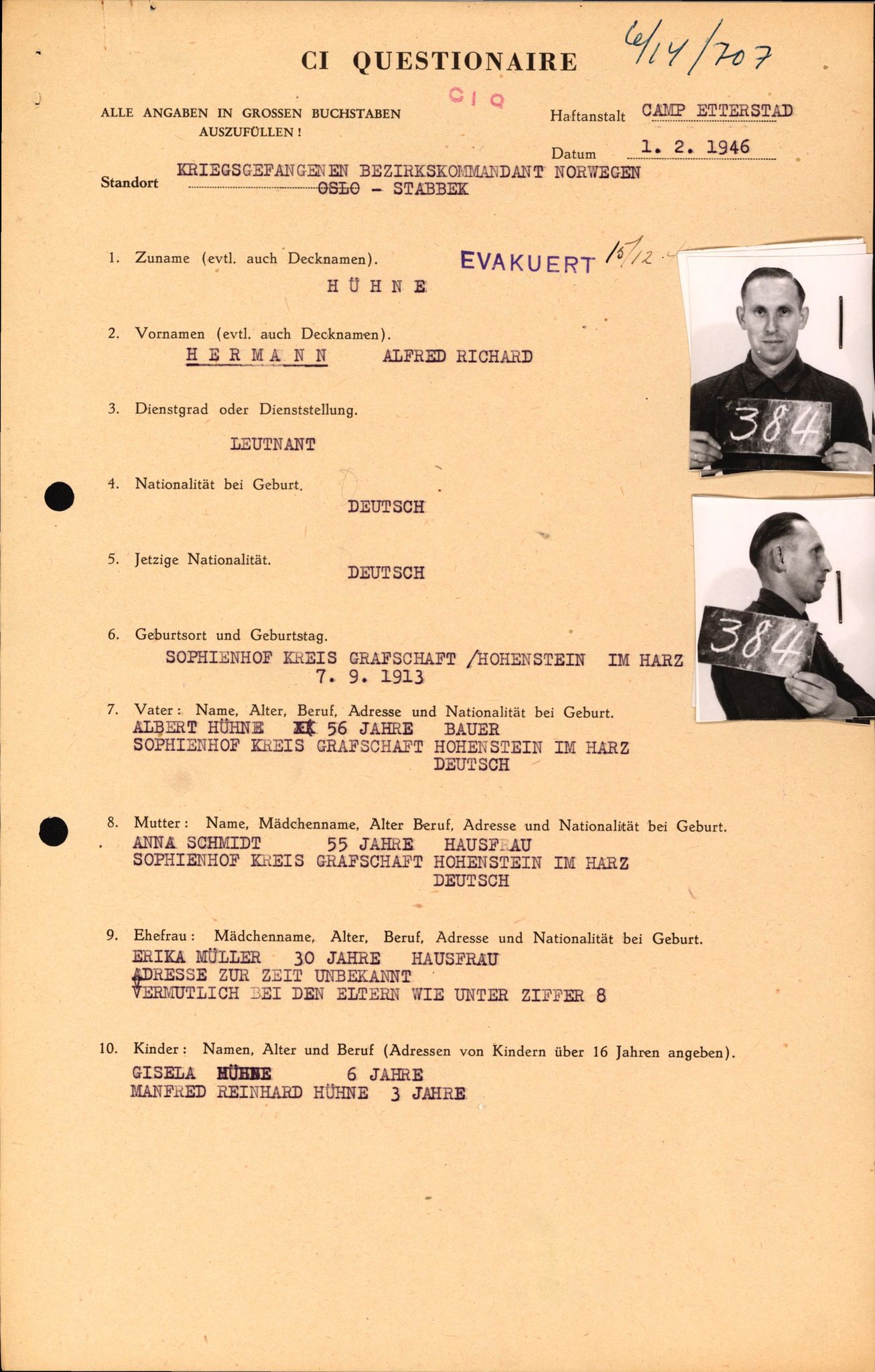 Forsvaret, Forsvarets overkommando II, RA/RAFA-3915/D/Db/L0014: CI Questionaires. Tyske okkupasjonsstyrker i Norge. Tyskere., 1945-1946, p. 211