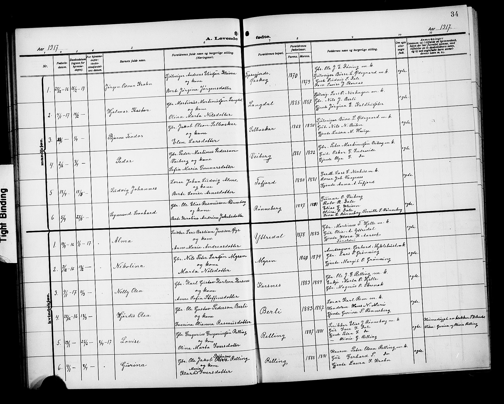 Ministerialprotokoller, klokkerbøker og fødselsregistre - Møre og Romsdal, SAT/A-1454/519/L0265: Parish register (copy) no. 519C06, 1911-1921, p. 34