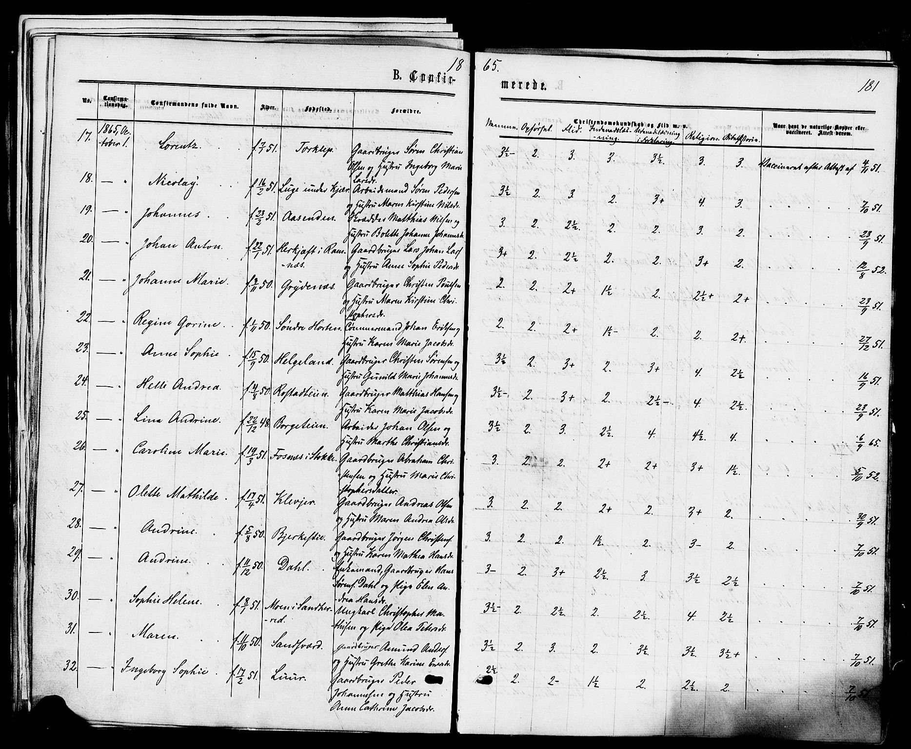 Våle kirkebøker, AV/SAKO-A-334/F/Fa/L0010: Parish register (official) no. I 10, 1861-1877, p. 181