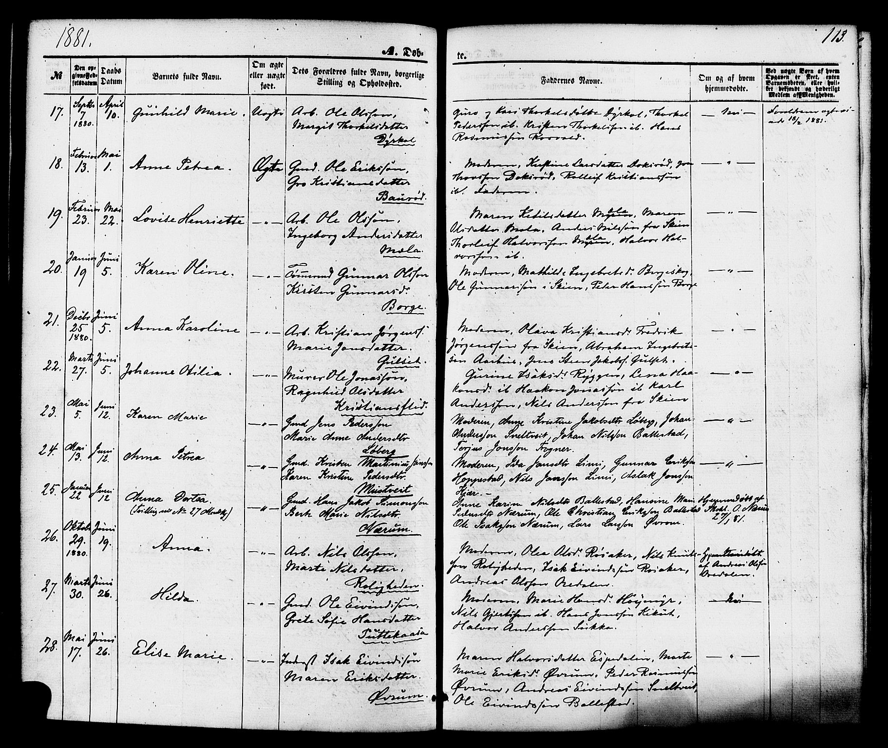Gjerpen kirkebøker, SAKO/A-265/F/Fa/L0009: Parish register (official) no. I 9, 1872-1885, p. 113