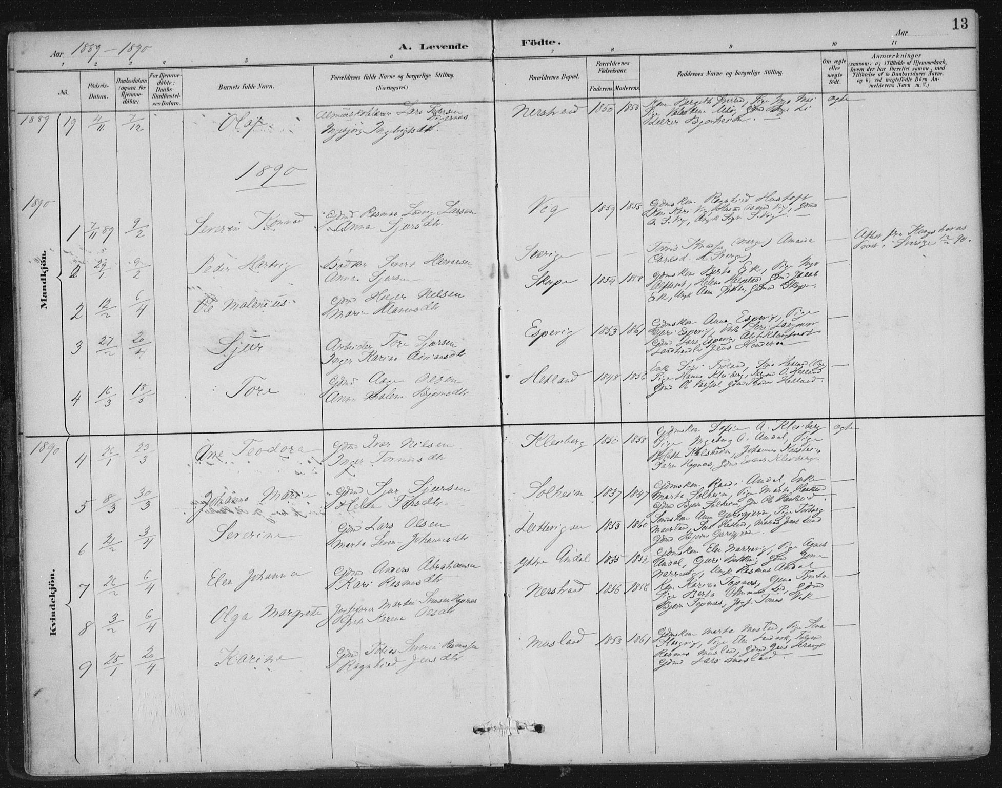 Nedstrand sokneprestkontor, SAST/A-101841/01/IV: Parish register (official) no. A 12, 1887-1915, p. 13