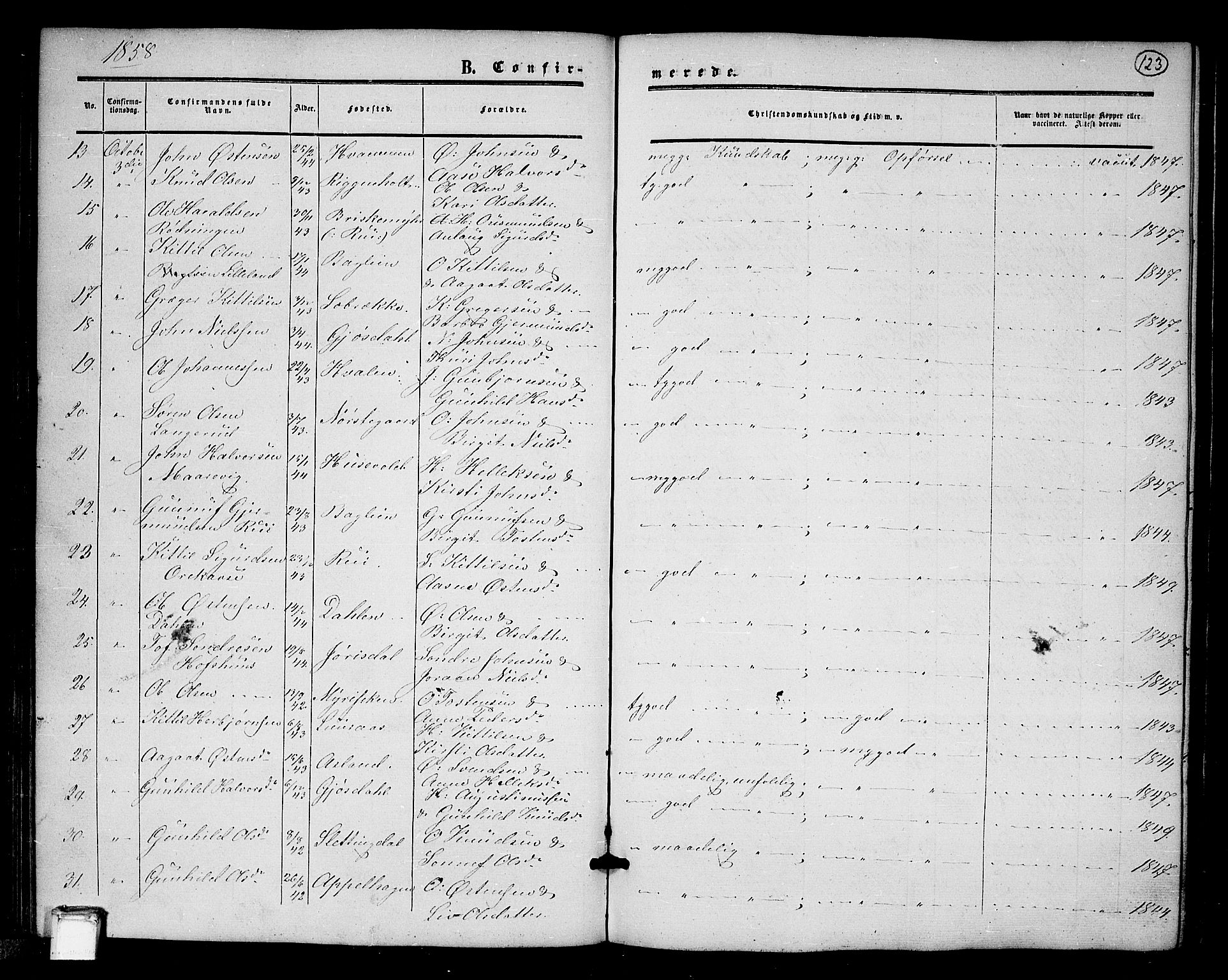 Tinn kirkebøker, SAKO/A-308/G/Ga/L0002: Parish register (copy) no. I 2, 1851-1883, p. 123