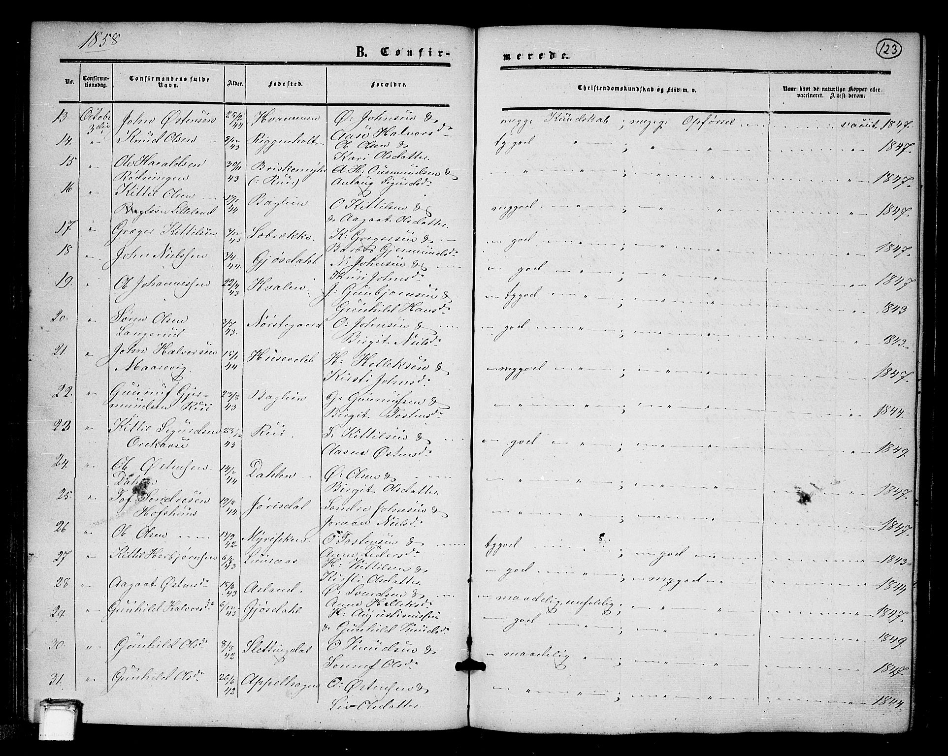 Tinn kirkebøker, AV/SAKO-A-308/G/Ga/L0002: Parish register (copy) no. I 2, 1851-1883, p. 123