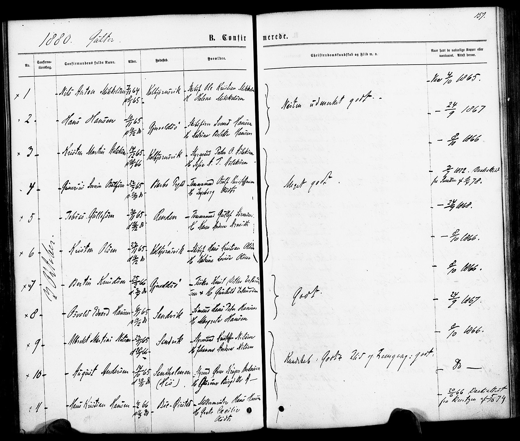 Hisøy sokneprestkontor, SAK/1111-0020/F/Fa/L0002: Parish register (official) no. A 2, 1872-1880, p. 157