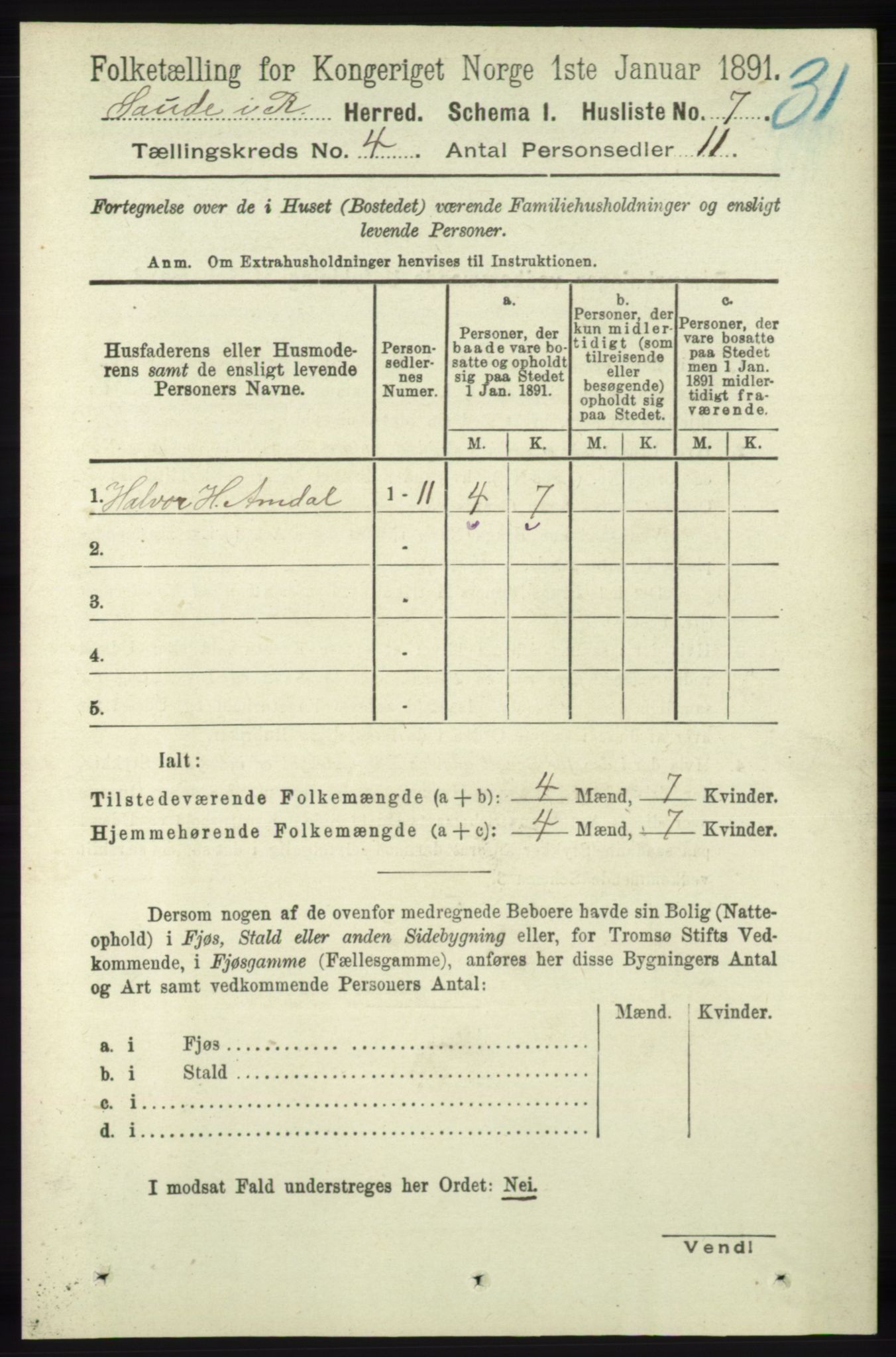 RA, 1891 census for 1135 Sauda, 1891, p. 1747