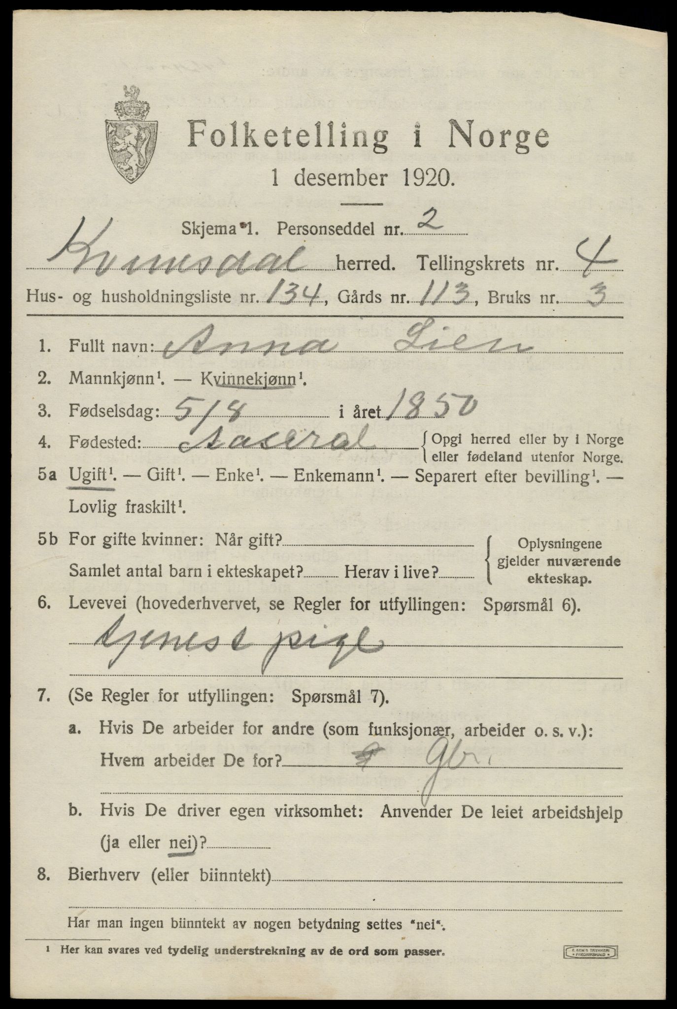 SAK, 1920 census for Kvinesdal, 1920, p. 5699