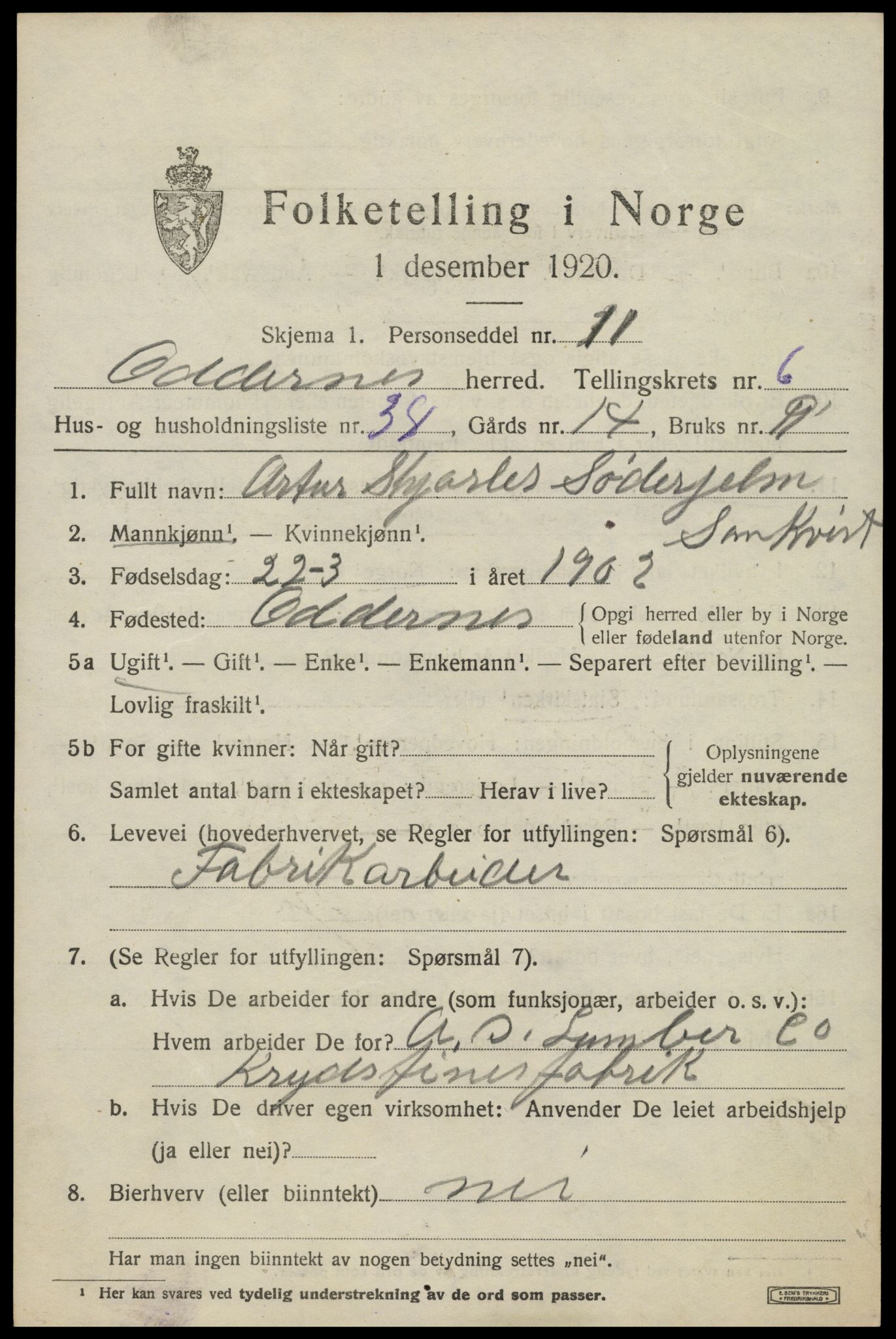SAK, 1920 census for Oddernes, 1920, p. 5391