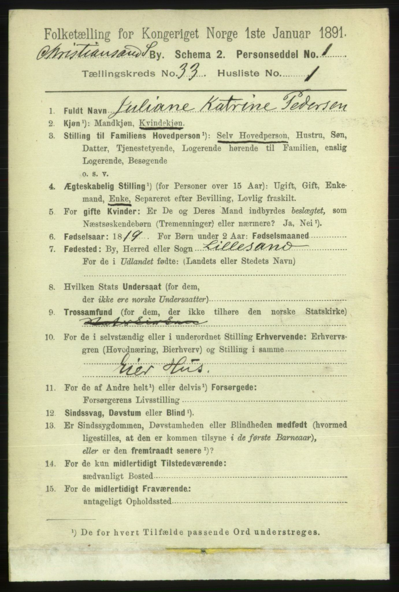 RA, 1891 census for 1001 Kristiansand, 1891, p. 10688