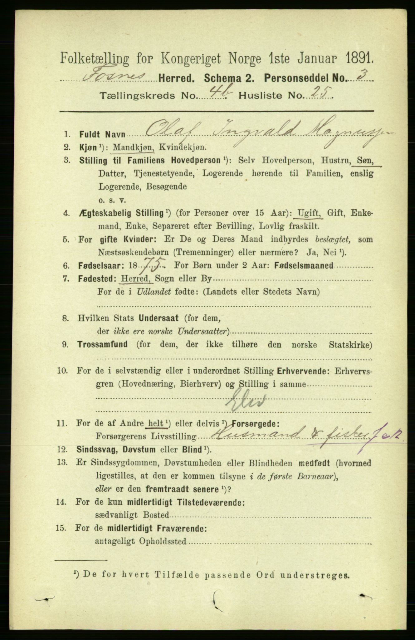 RA, 1891 census for 1748 Fosnes, 1891, p. 1882