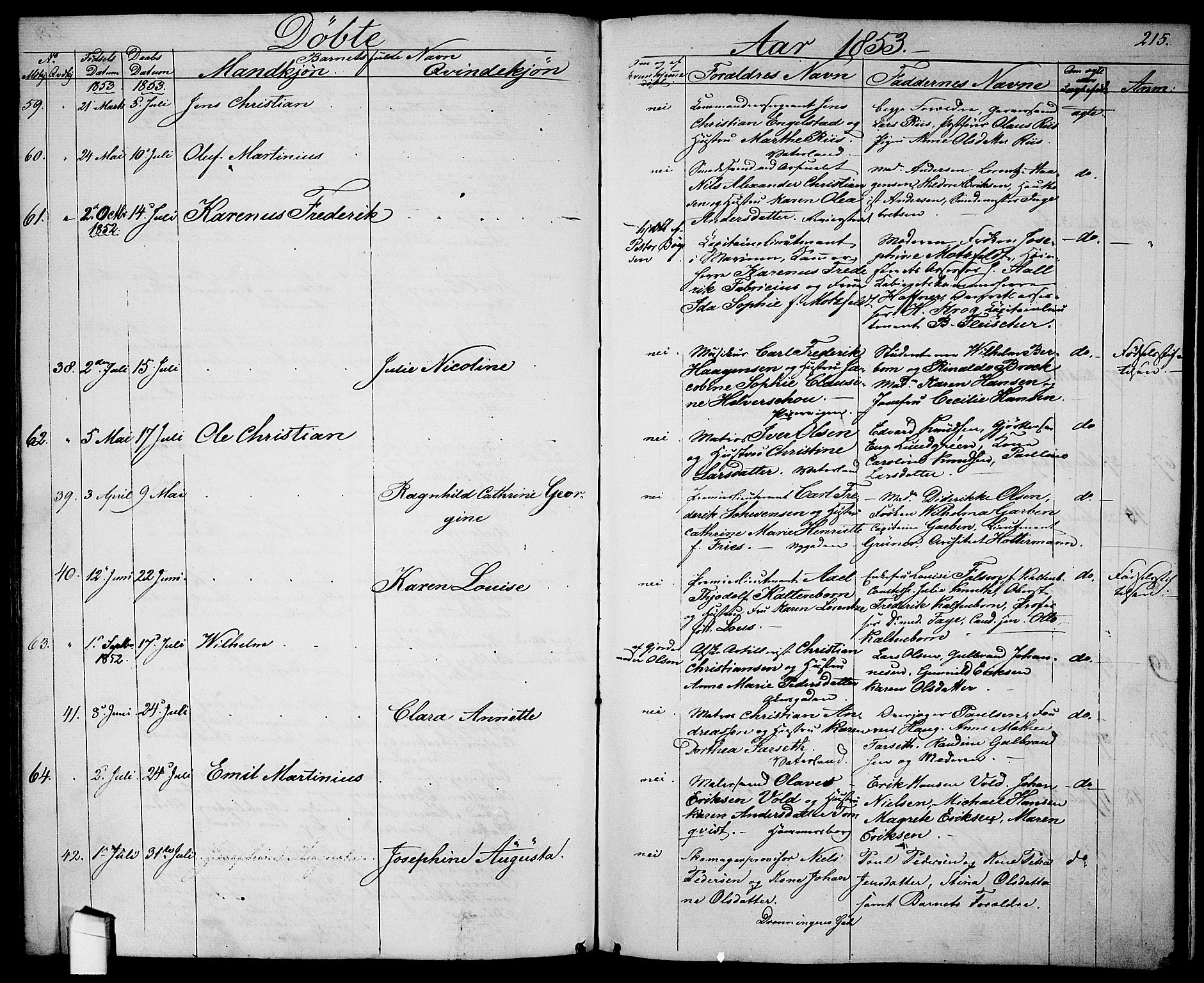 Garnisonsmenigheten Kirkebøker, SAO/A-10846/G/Ga/L0005: Parish register (copy) no. 5, 1841-1860, p. 215