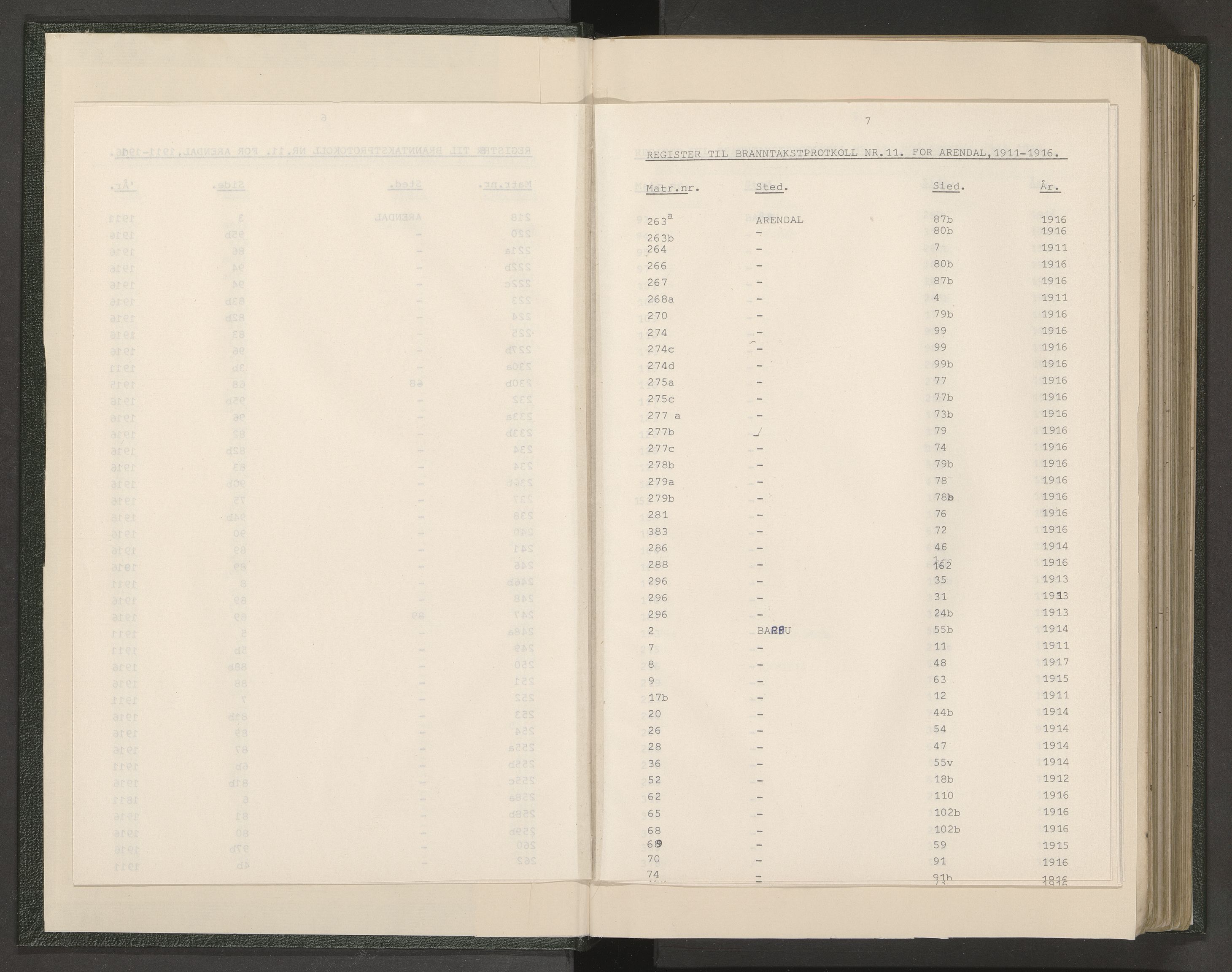 Norges Brannkasse Arendal, AV/SAK-2241-0002/F/Fa/L0028: Branntakstprotokoll nr. 26 med matrikkelnummerregister, 1911-1916