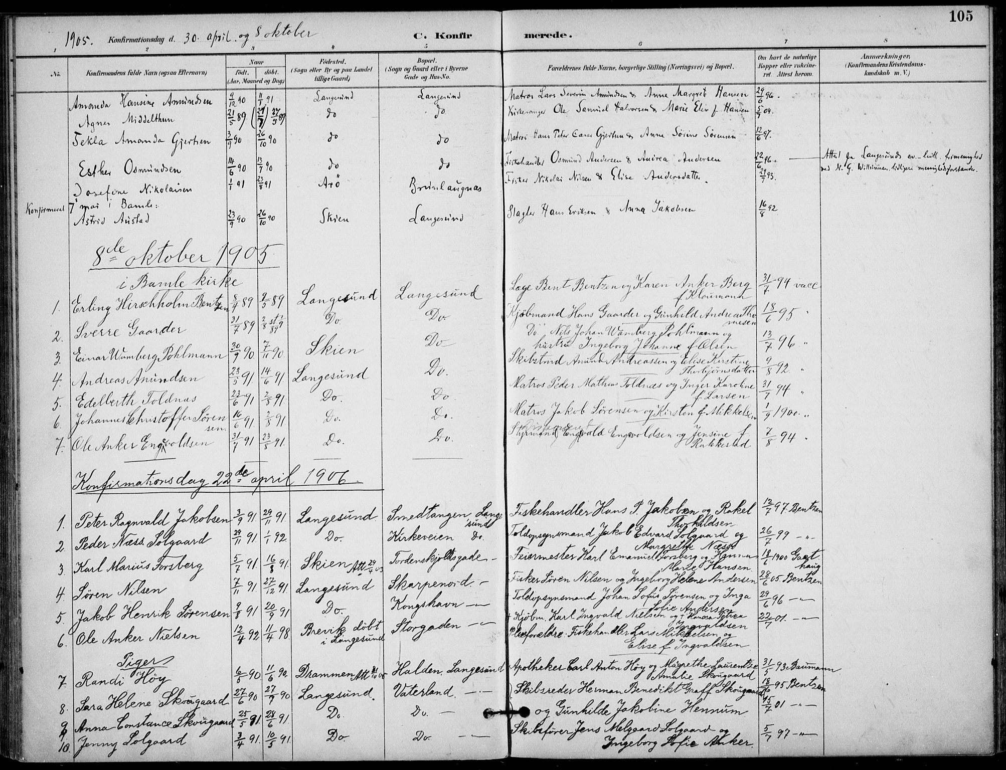 Langesund kirkebøker, SAKO/A-280/F/Fa/L0003: Parish register (official) no. 3, 1893-1907, p. 105