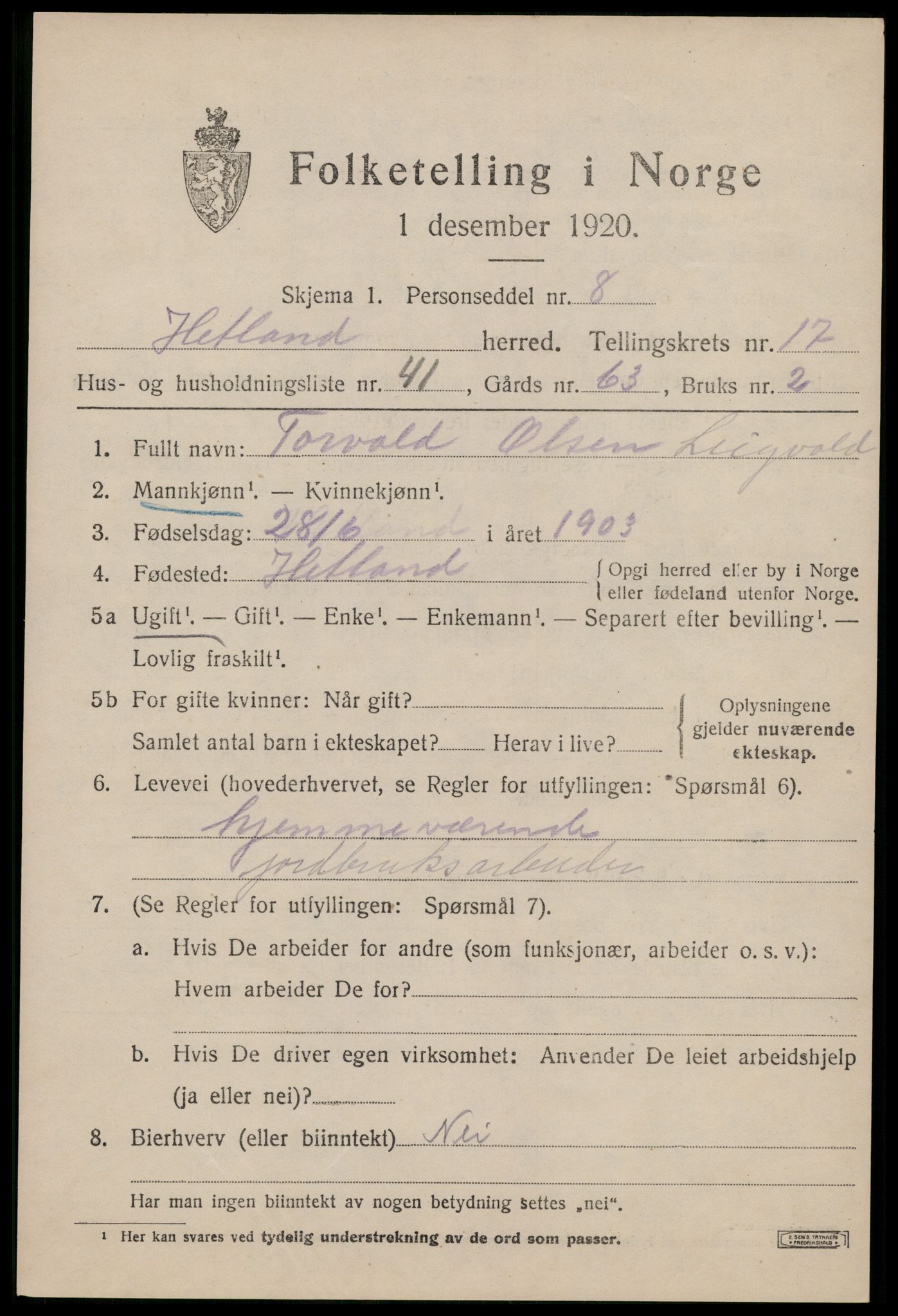 SAST, 1920 census for Hetland, 1920, p. 24997