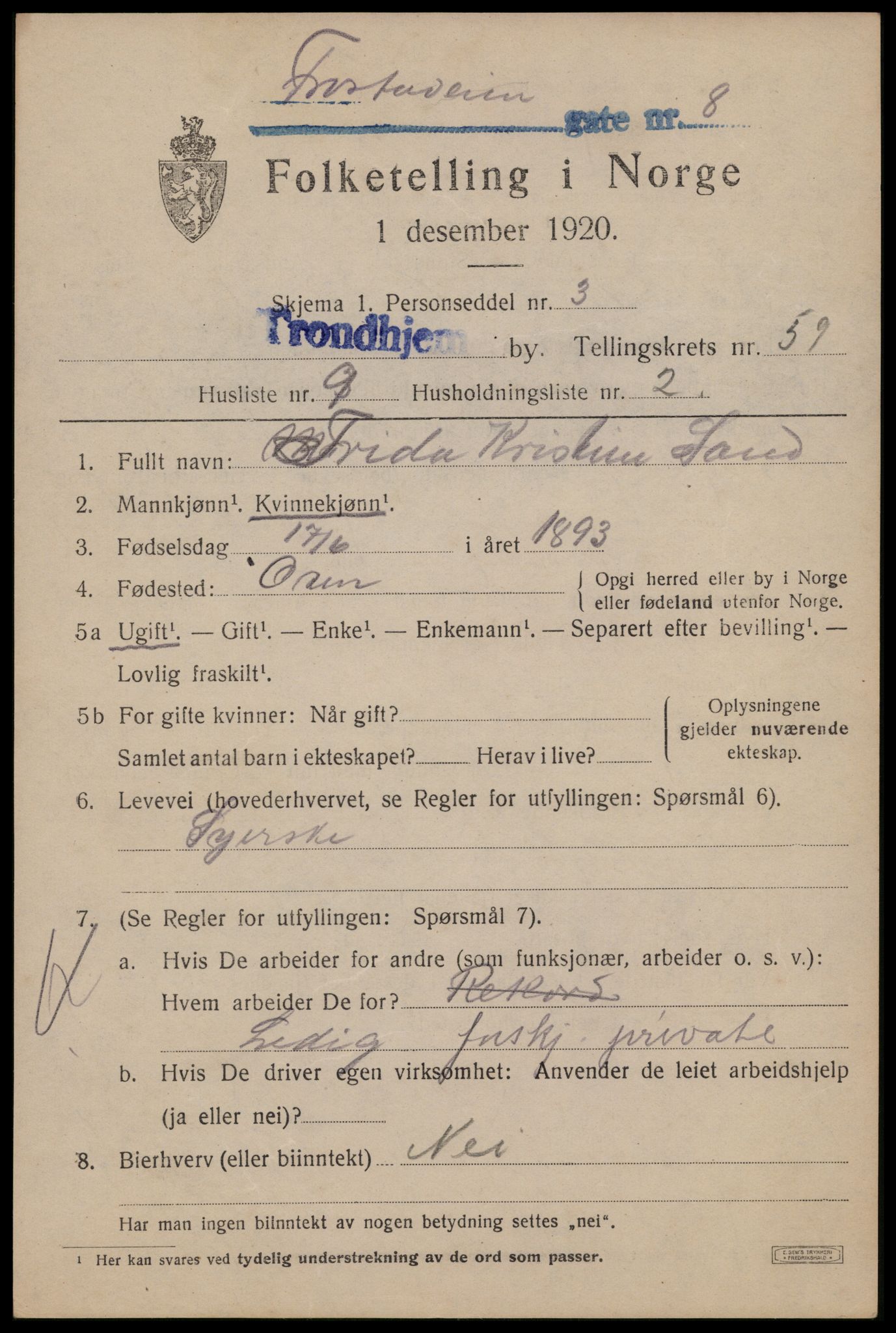 SAT, 1920 census for Trondheim, 1920, p. 120072