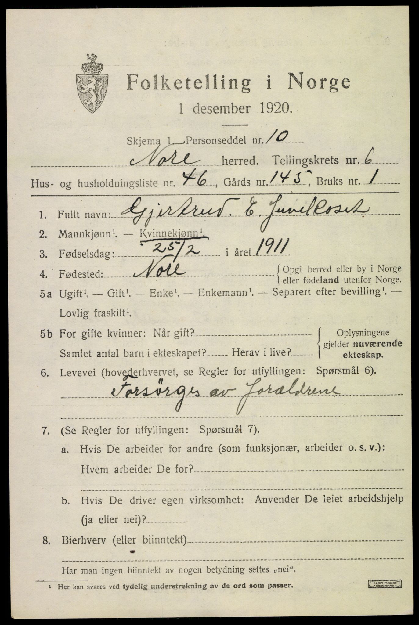 SAKO, 1920 census for Nore, 1920, p. 3036