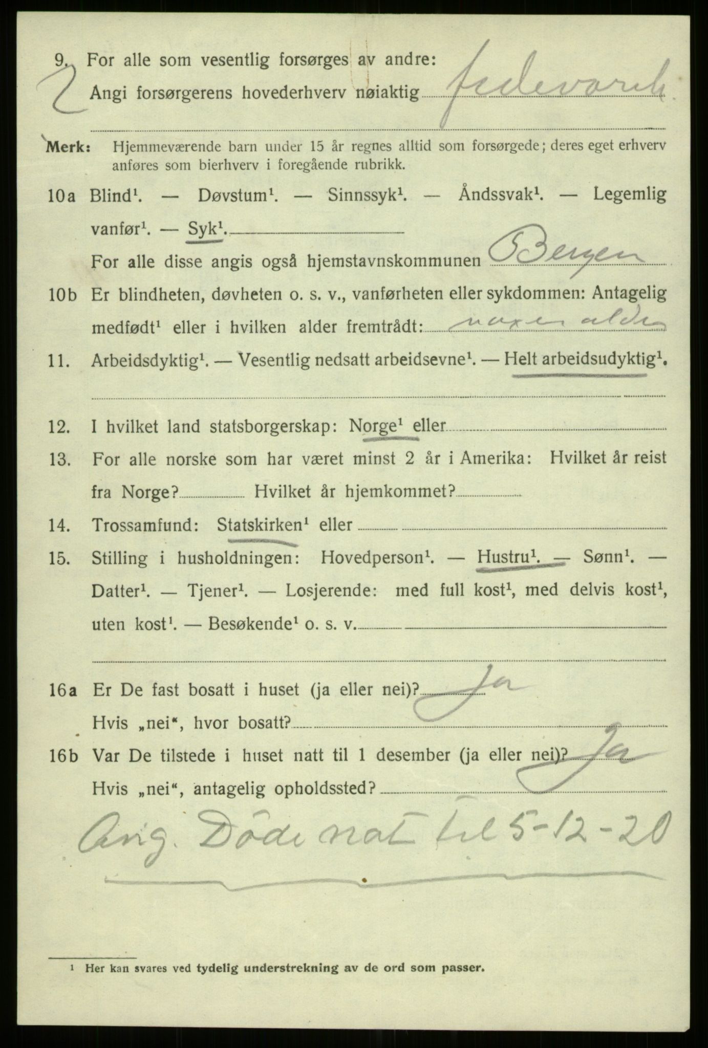 SAB, 1920 census for Bergen, 1920, p. 110402