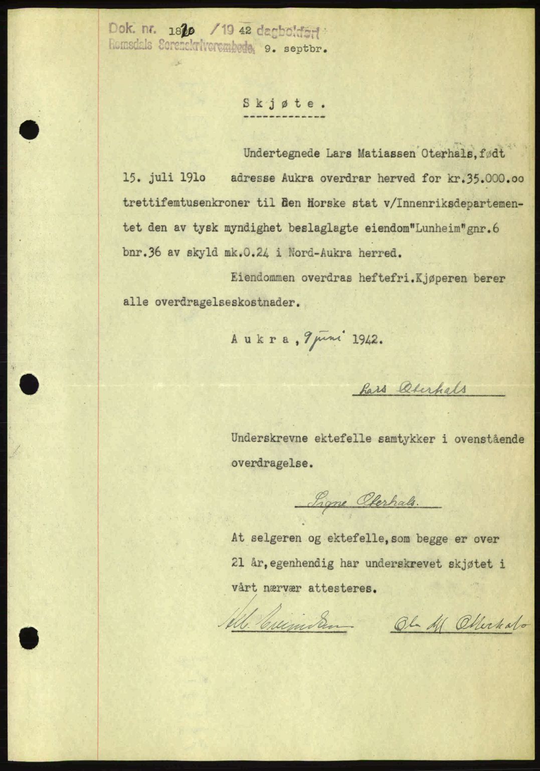 Romsdal sorenskriveri, AV/SAT-A-4149/1/2/2C: Mortgage book no. A12, 1942-1942, Diary no: : 1820/1942