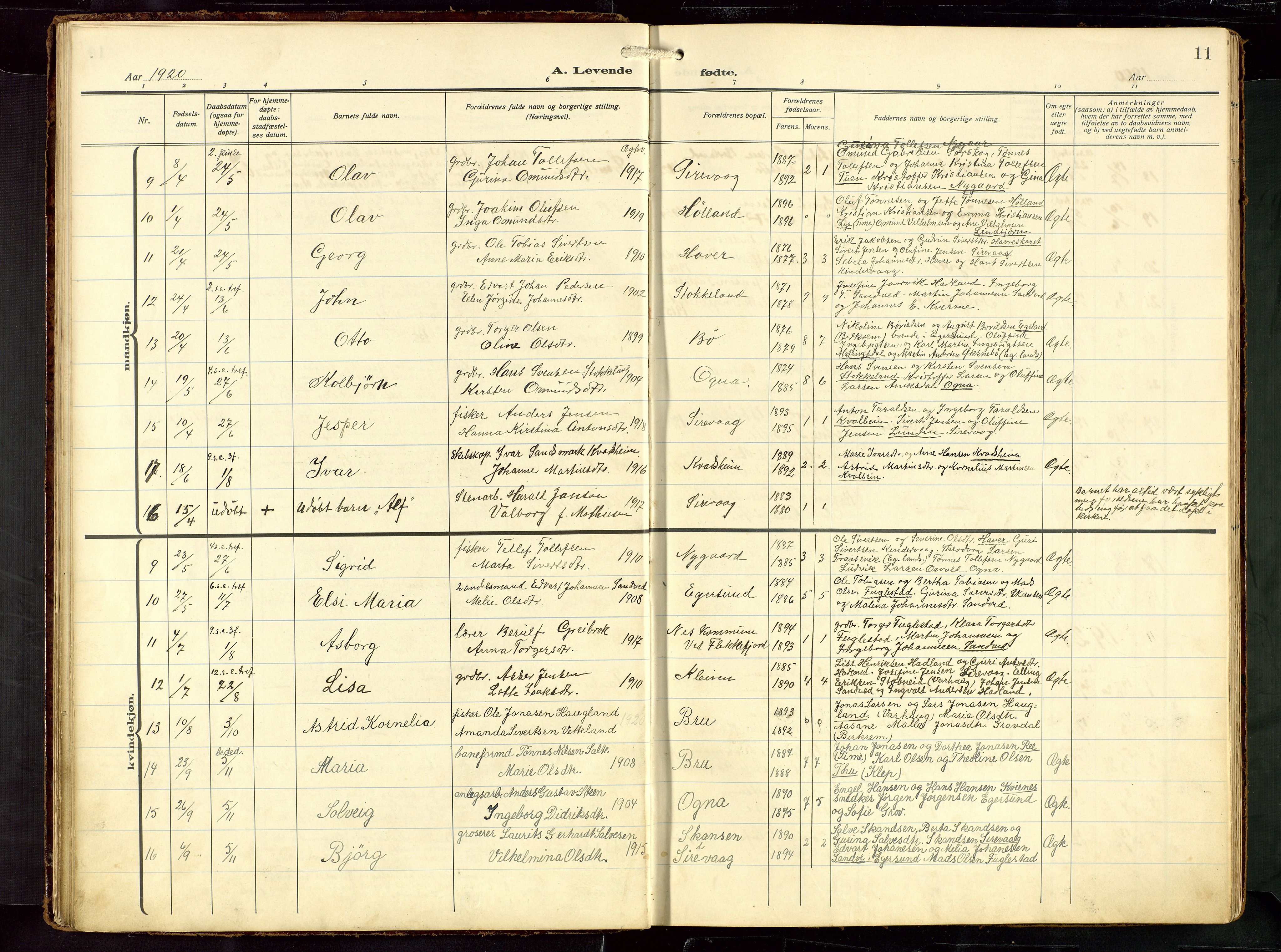 Eigersund sokneprestkontor, AV/SAST-A-101807/S09: Parish register (copy) no. B 22, 1915-1947, p. 11