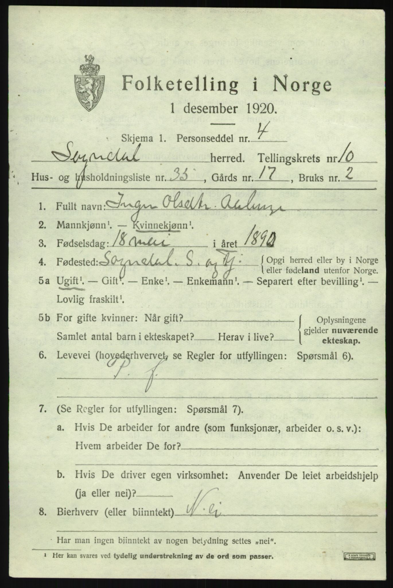 SAB, 1920 census for Sogndal, 1920, p. 4893