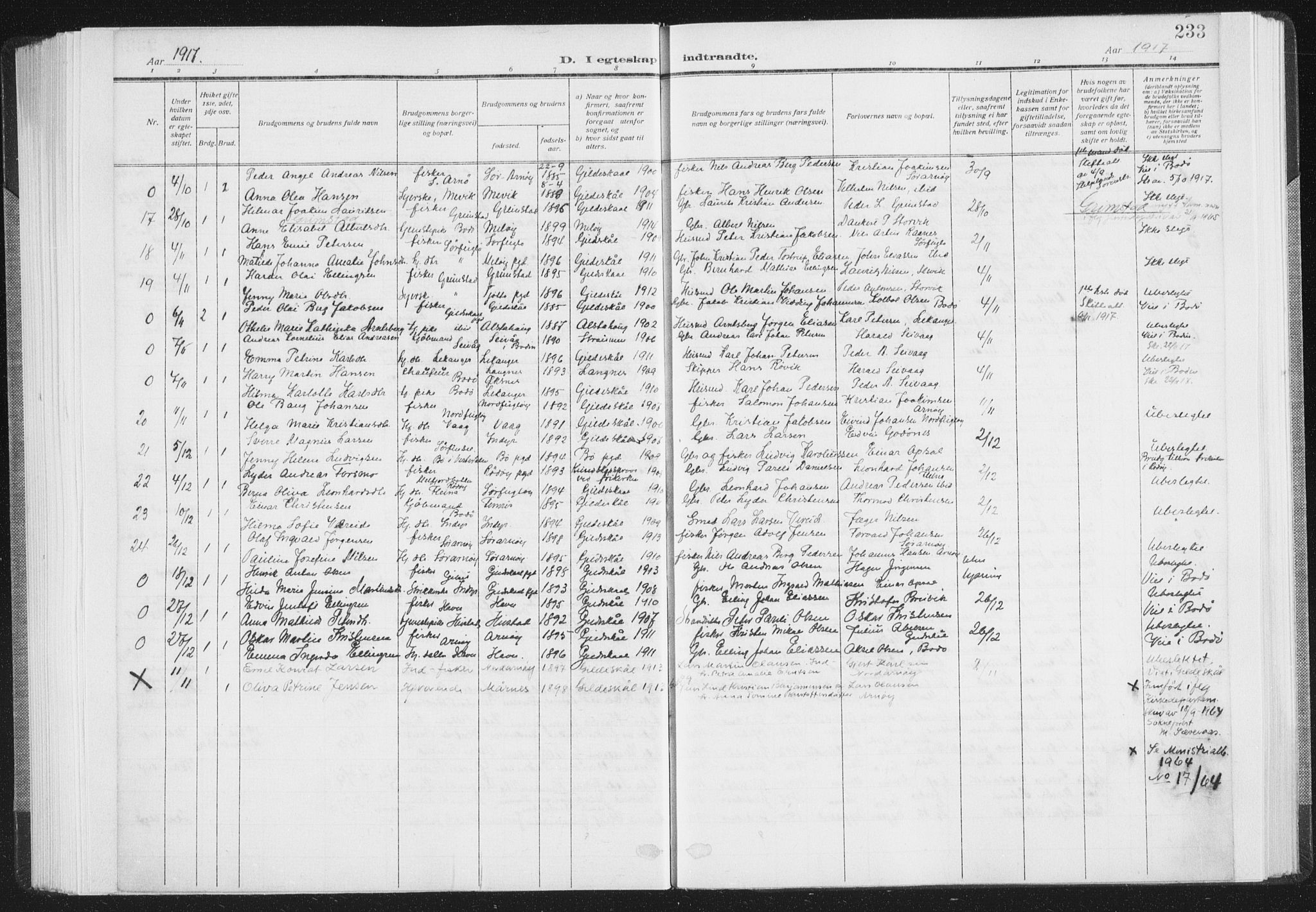 Ministerialprotokoller, klokkerbøker og fødselsregistre - Nordland, SAT/A-1459/805/L0104: Parish register (official) no. 805A09, 1909-1926, p. 233