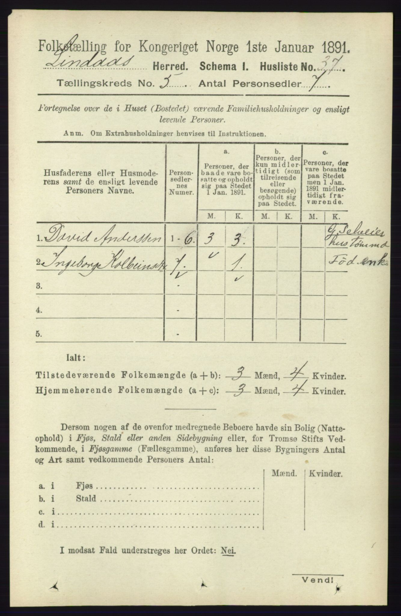 RA, 1891 census for 1263 Lindås, 1891, p. 1433