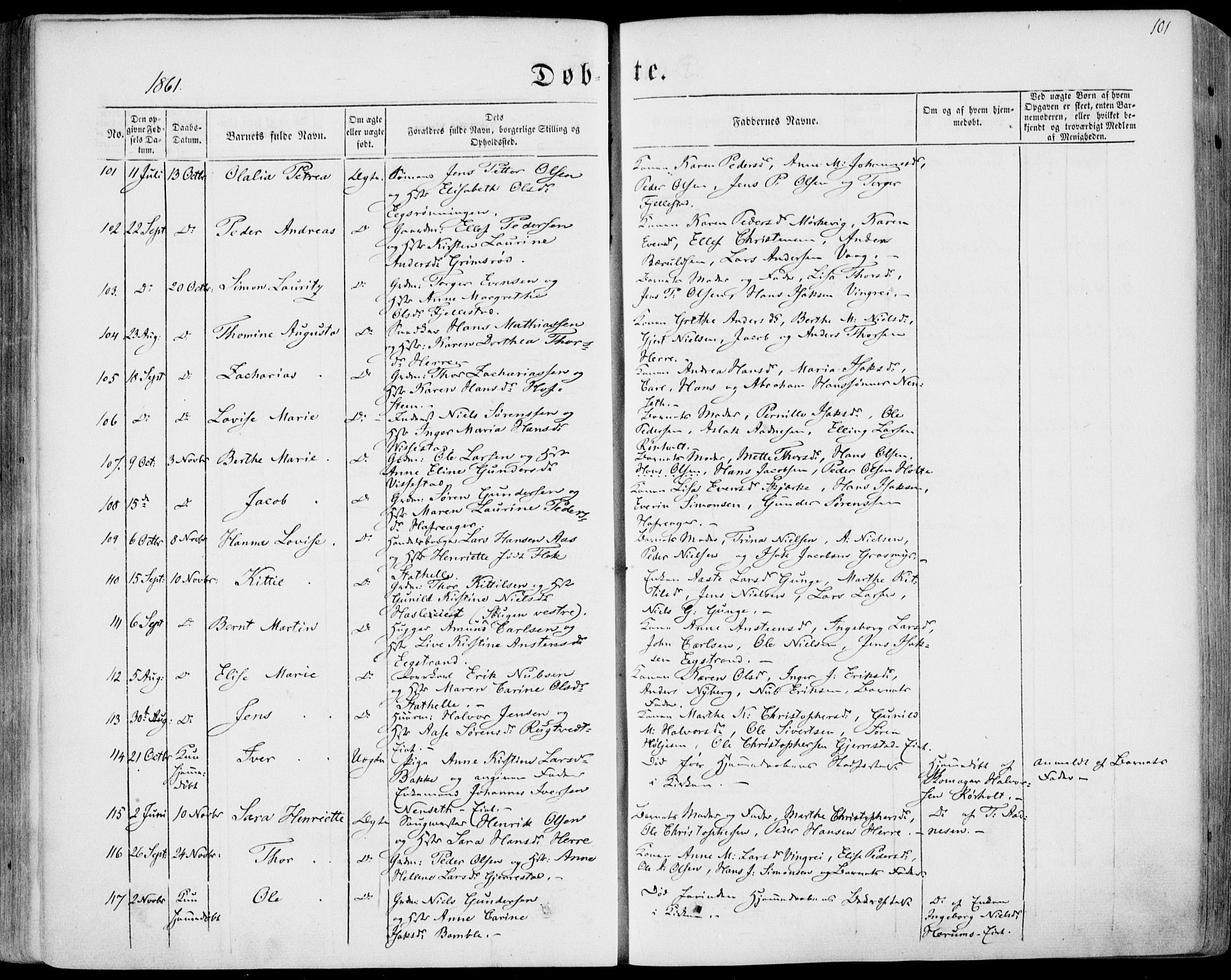 Bamble kirkebøker, SAKO/A-253/F/Fa/L0005: Parish register (official) no. I 5, 1854-1869, p. 101
