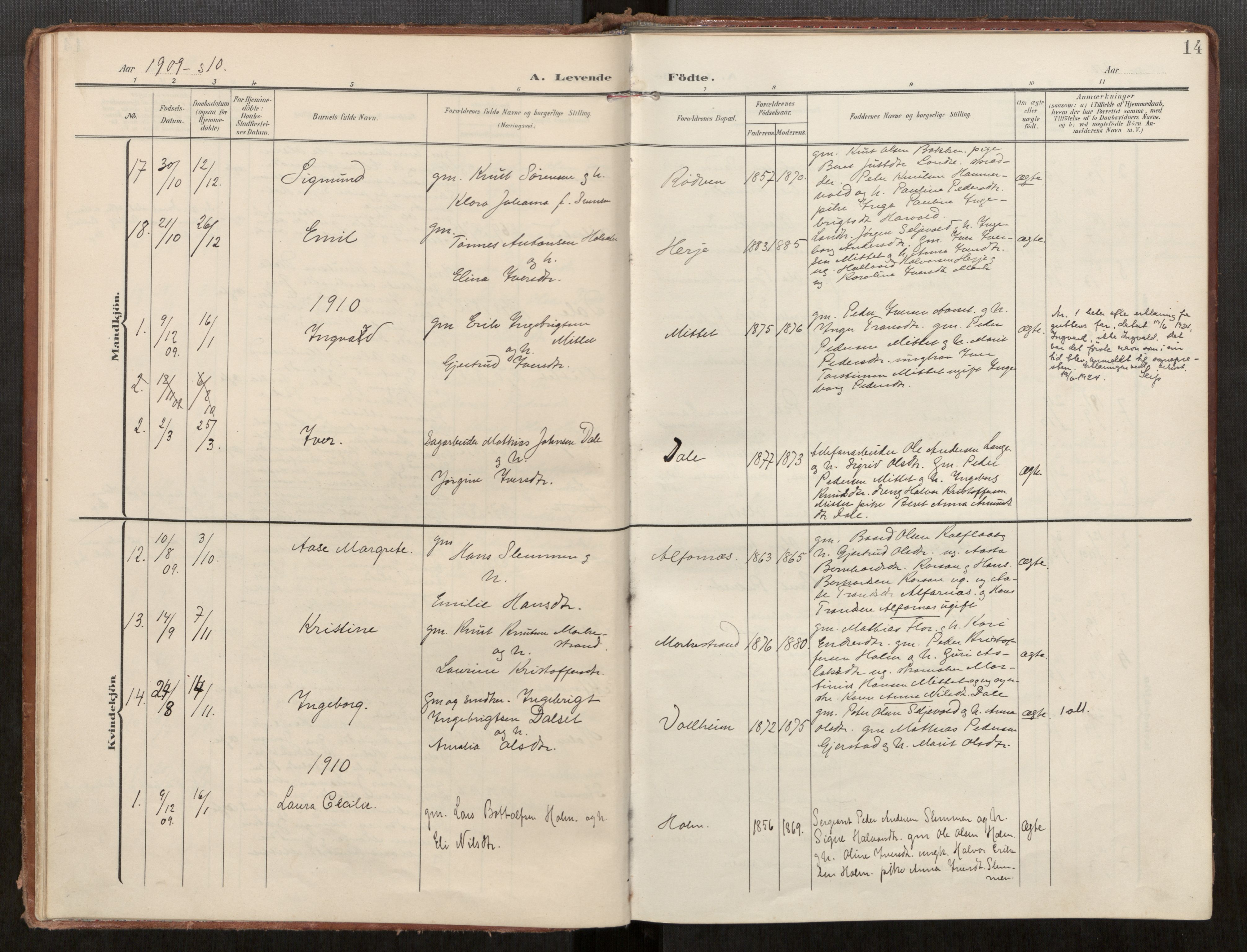 Ministerialprotokoller, klokkerbøker og fødselsregistre - Møre og Romsdal, AV/SAT-A-1454/549/L0618: Parish register (official) no. 549A01, 1906-1927, p. 14