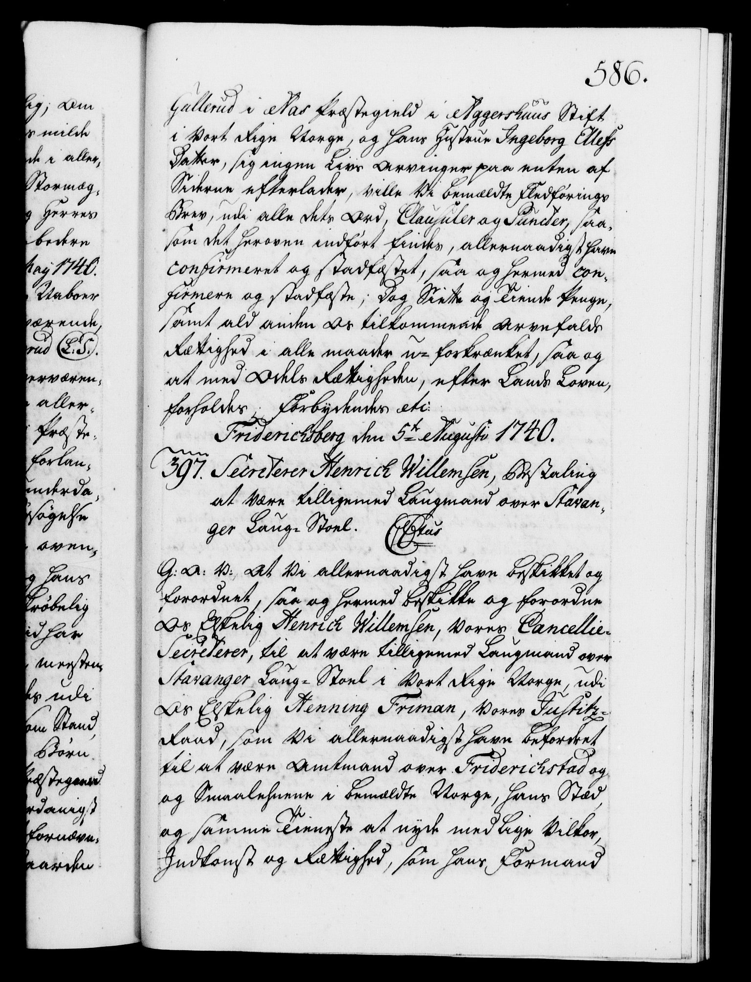 Danske Kanselli 1572-1799, AV/RA-EA-3023/F/Fc/Fca/Fcaa/L0031: Norske registre, 1739-1740, p. 586a