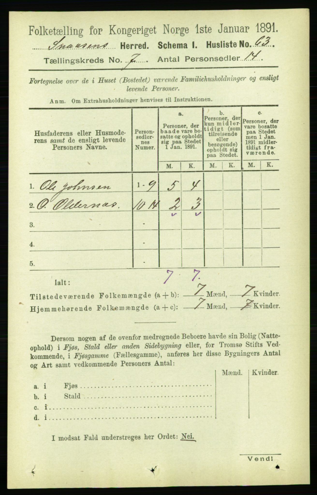 RA, 1891 census for 1736 Snåsa, 1891, p. 2337